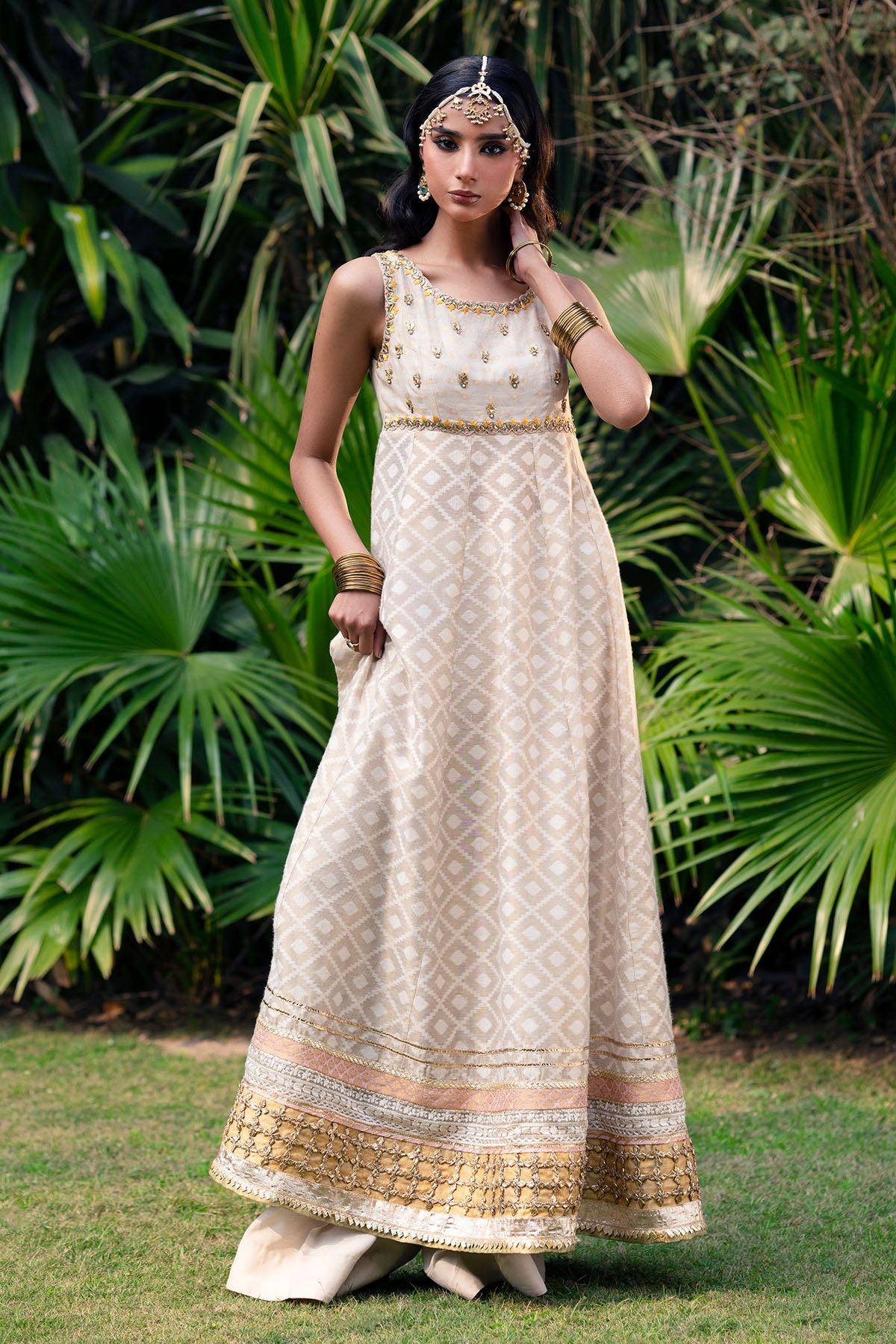 Pakistani Off-White Embroidered Cotton Self-Zarri Net Pishwas (3-Piece) - Image 1