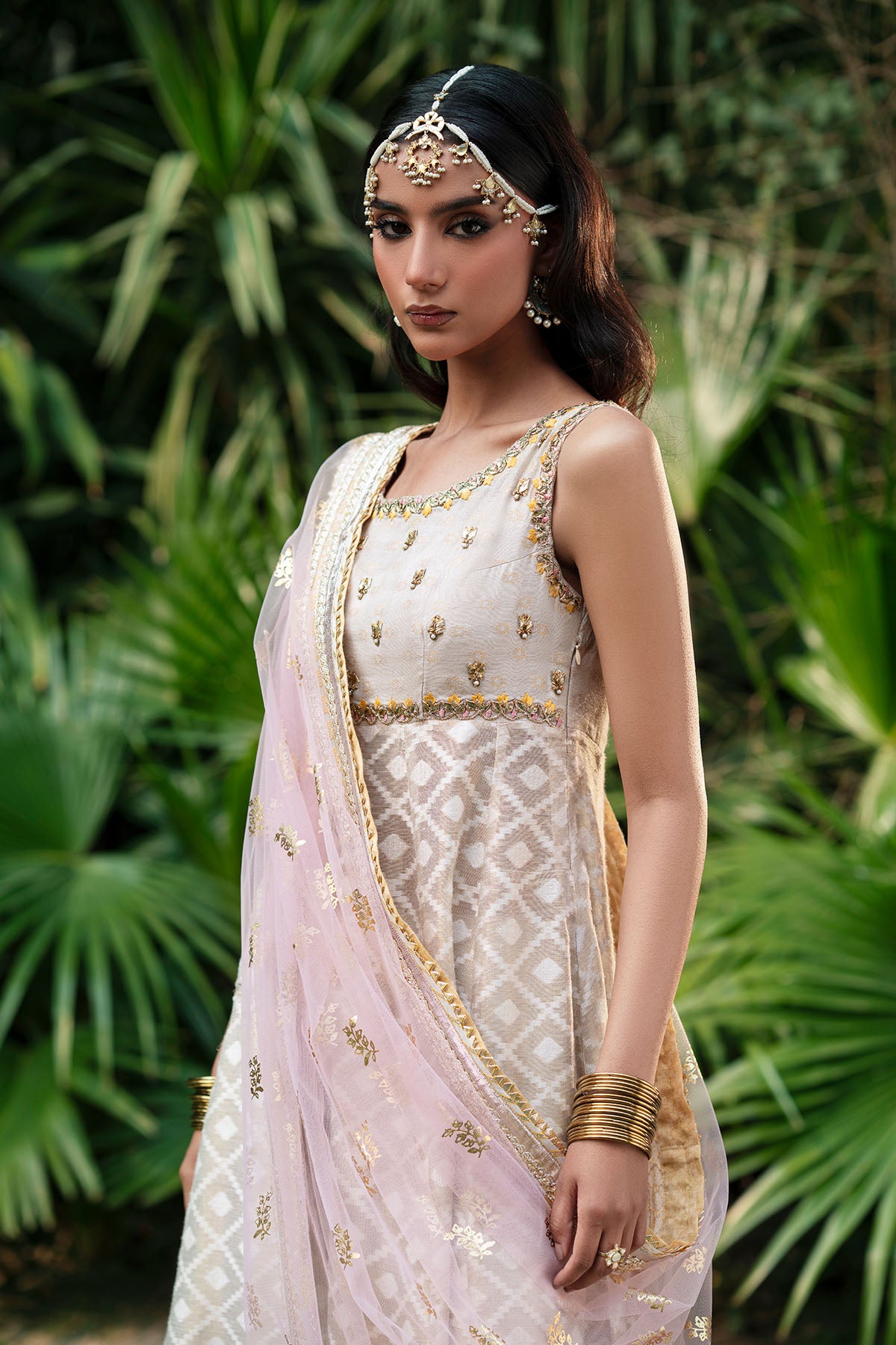 Pakistani Off-White Embroidered Cotton Self-Zarri Net Pishwas (3-Piece) - Image 2