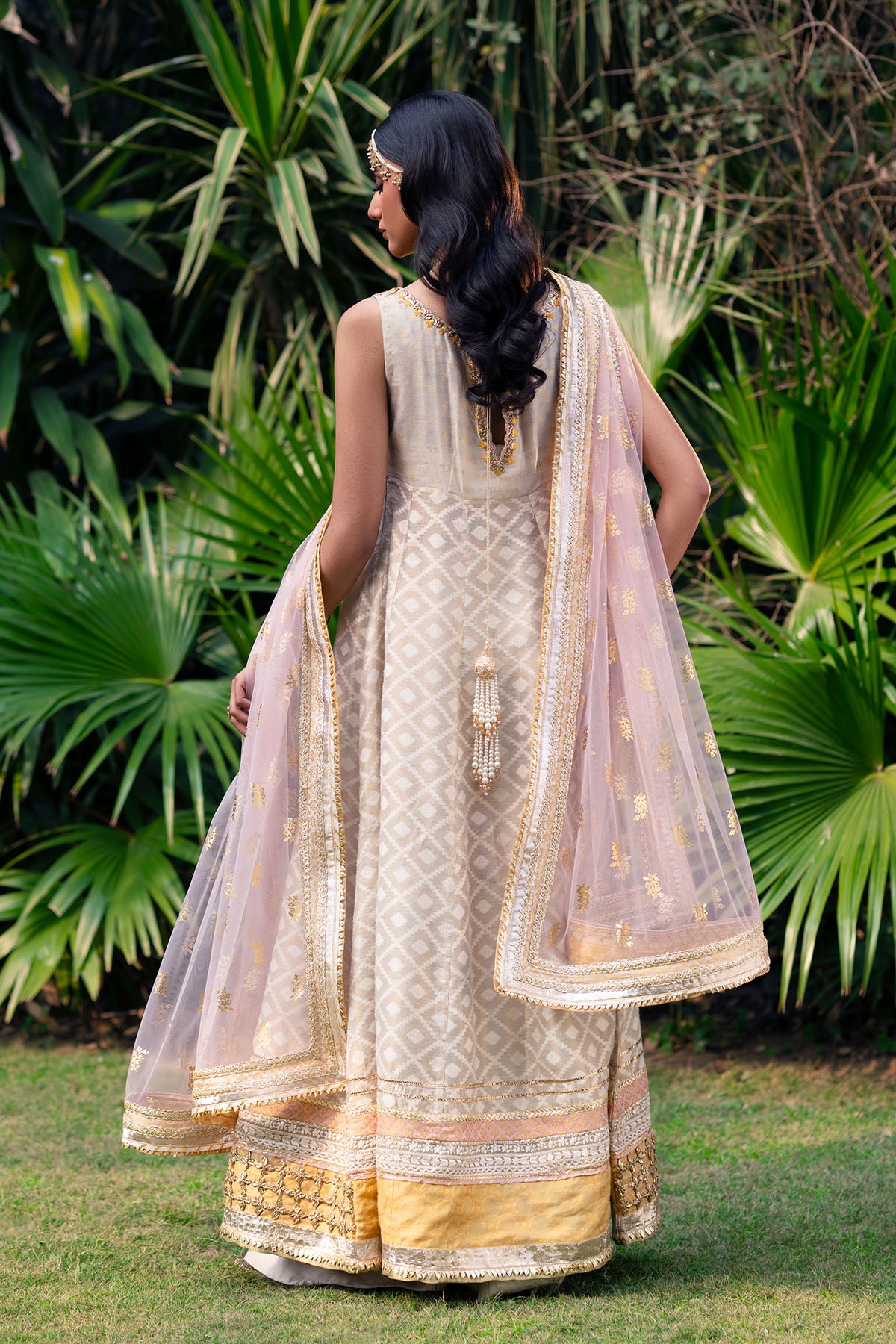 Pakistani Off-White Embroidered Cotton Self-Zarri Net Pishwas (3-Piece) - Image 3