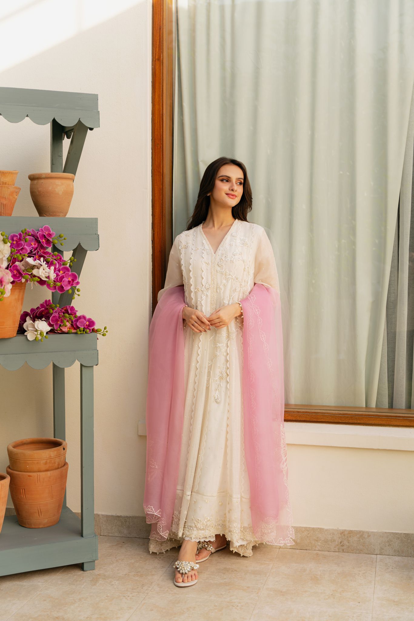 Pakistani Ivory Hand-Embellished Cotton Net Pishwas (3-Piece) - Image 1