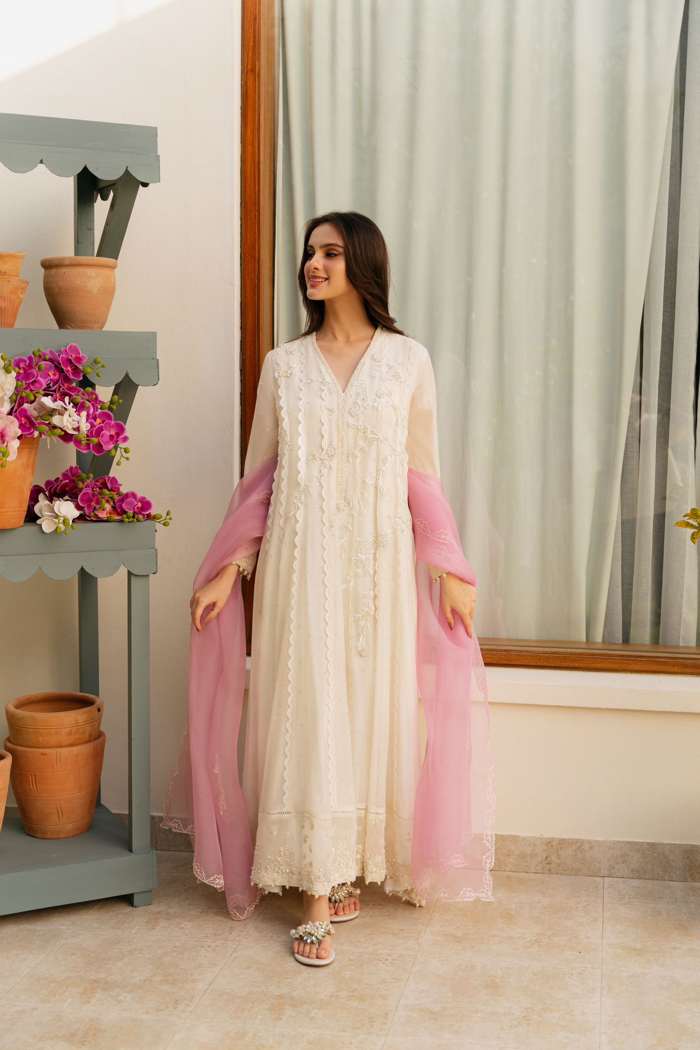 Pakistani Ivory Hand-Embellished Cotton Net Pishwas (3-Piece) - Image 2