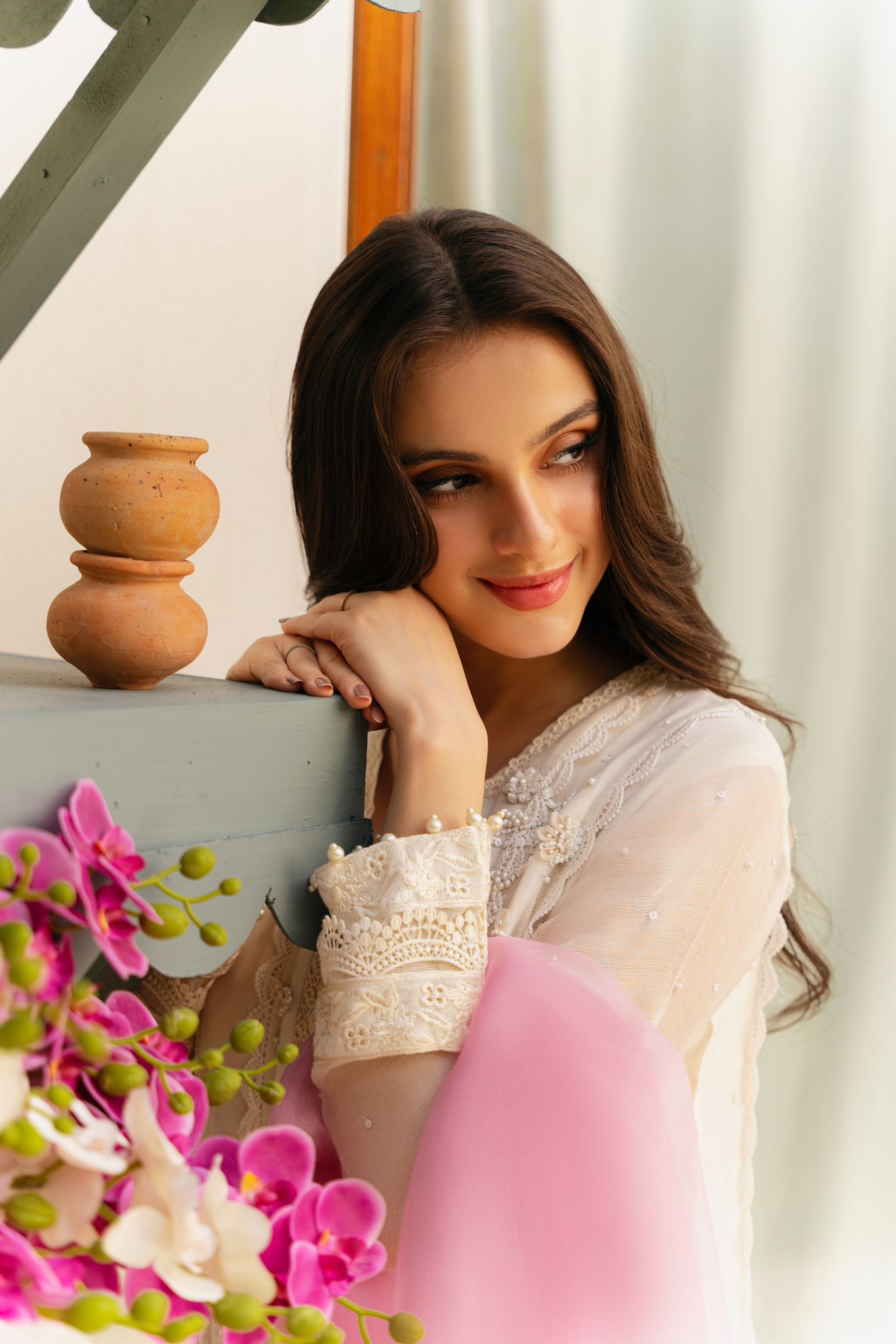 Pakistani Ivory Hand-Embellished Cotton Net Pishwas (3-Piece) - Image 4