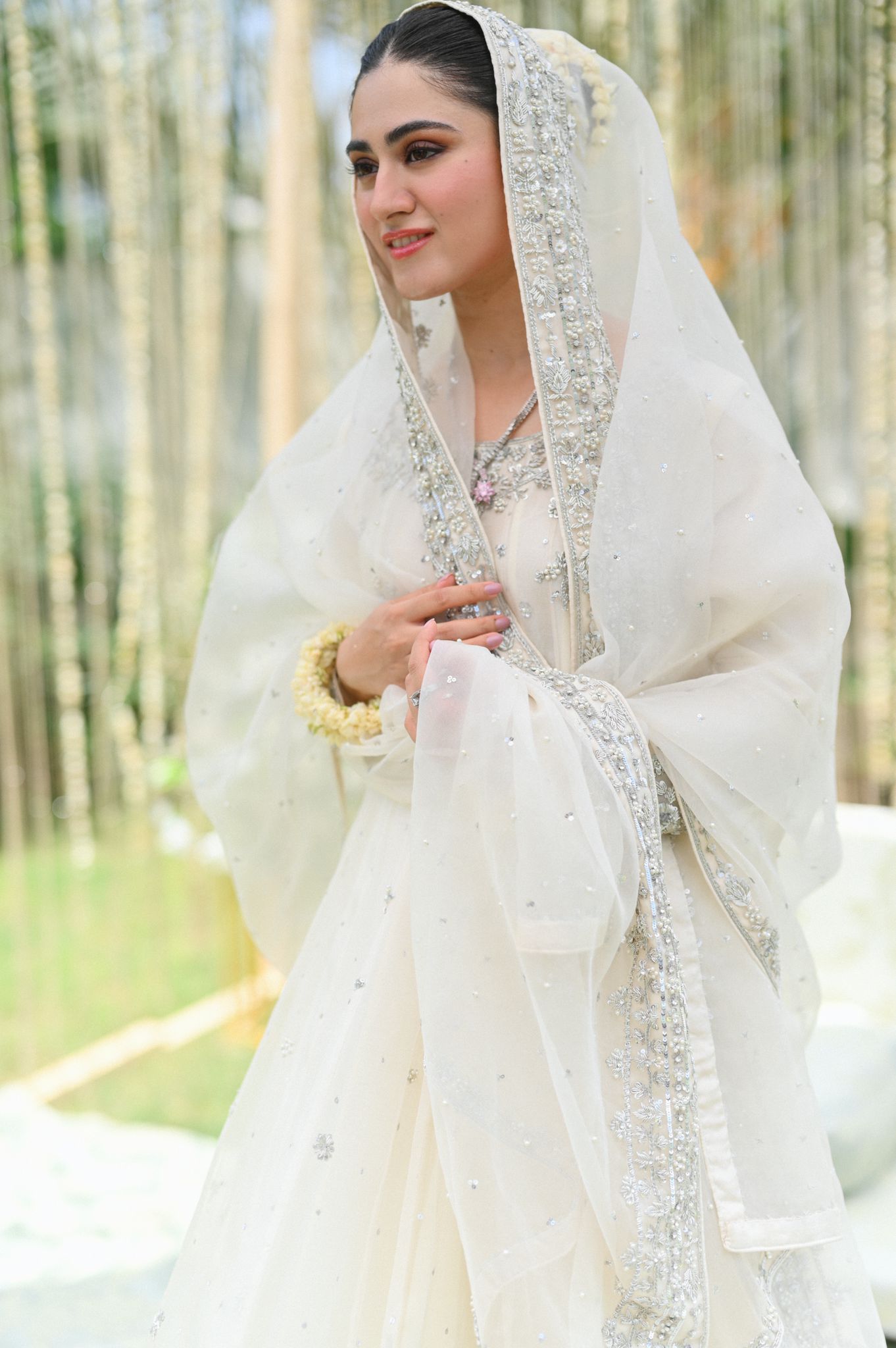 Pakistani Ivory Silver Embellished Cotton Net Pishwas (3-Piece) - Image 1