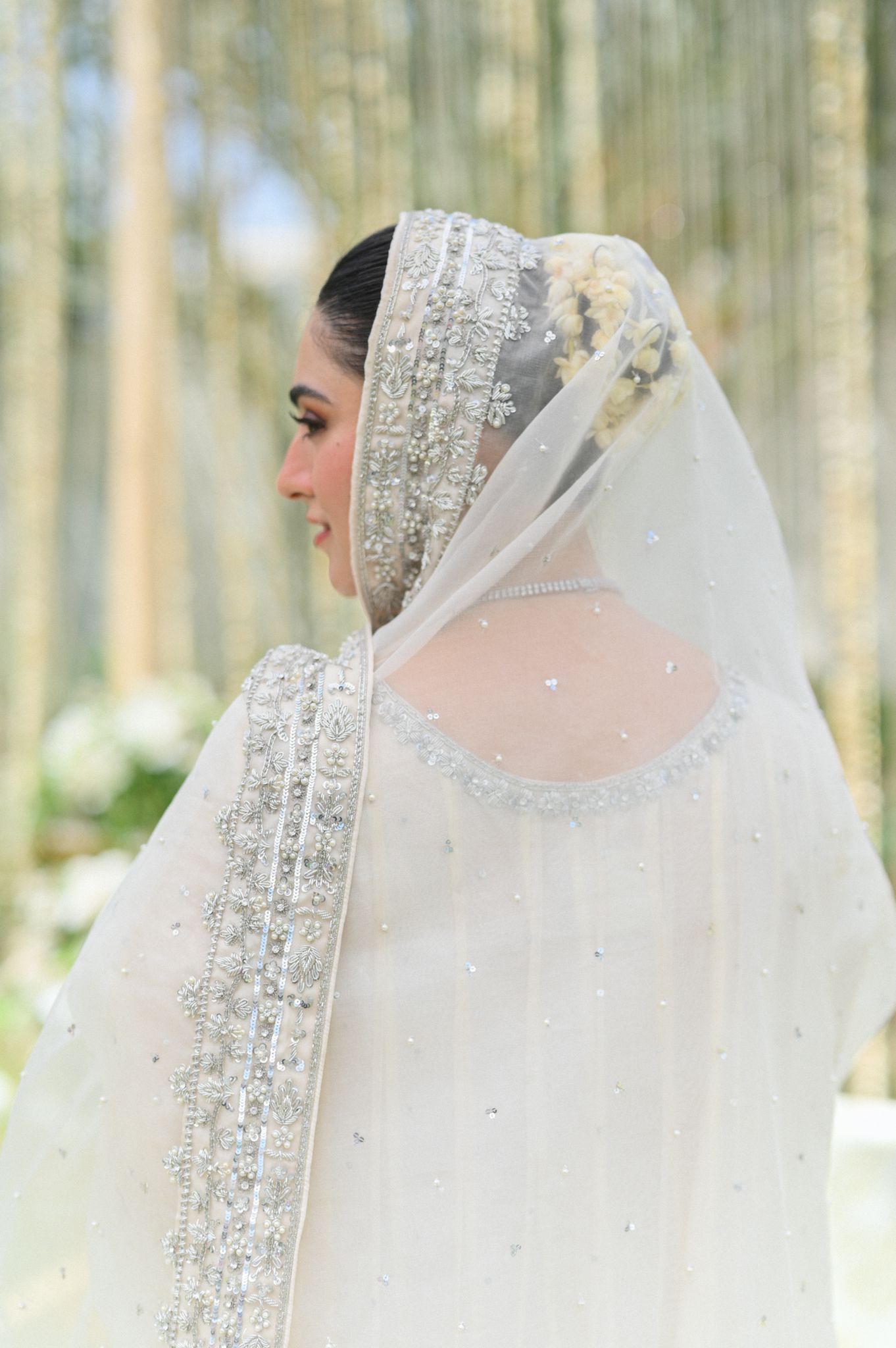 Pakistani Ivory Silver Embellished Cotton Net Pishwas (3-Piece) - Image 2