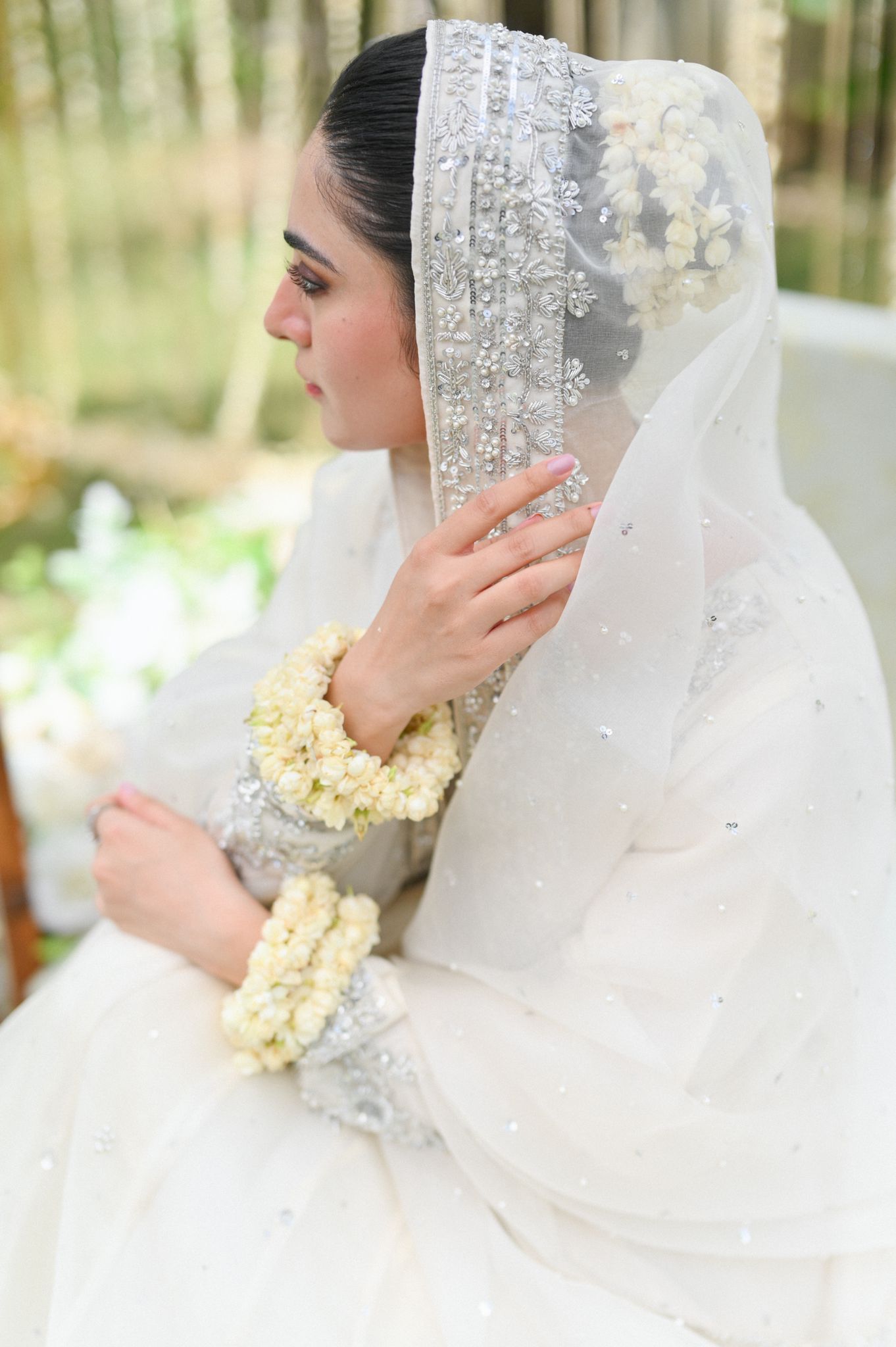 Pakistani Ivory Silver Embellished Cotton Net Pishwas (3-Piece) - Image 6