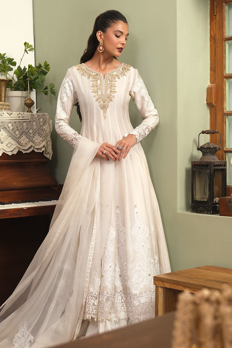 Off-White Zardozi Cotton Net Pishwas (3-Piece) - Image 1