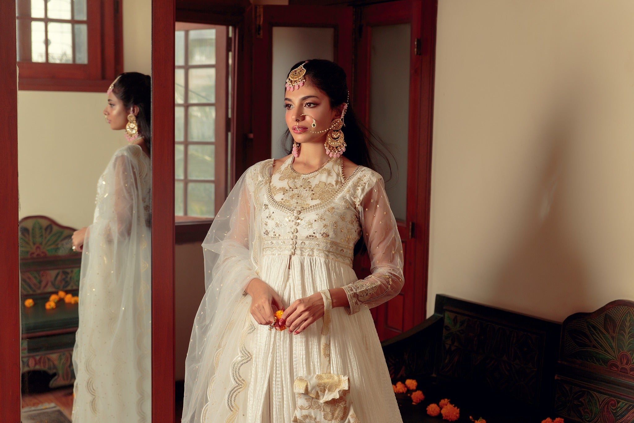 Ivory Zari Sequin Cotton Silk Pishwas (3-Piece) - Image 2