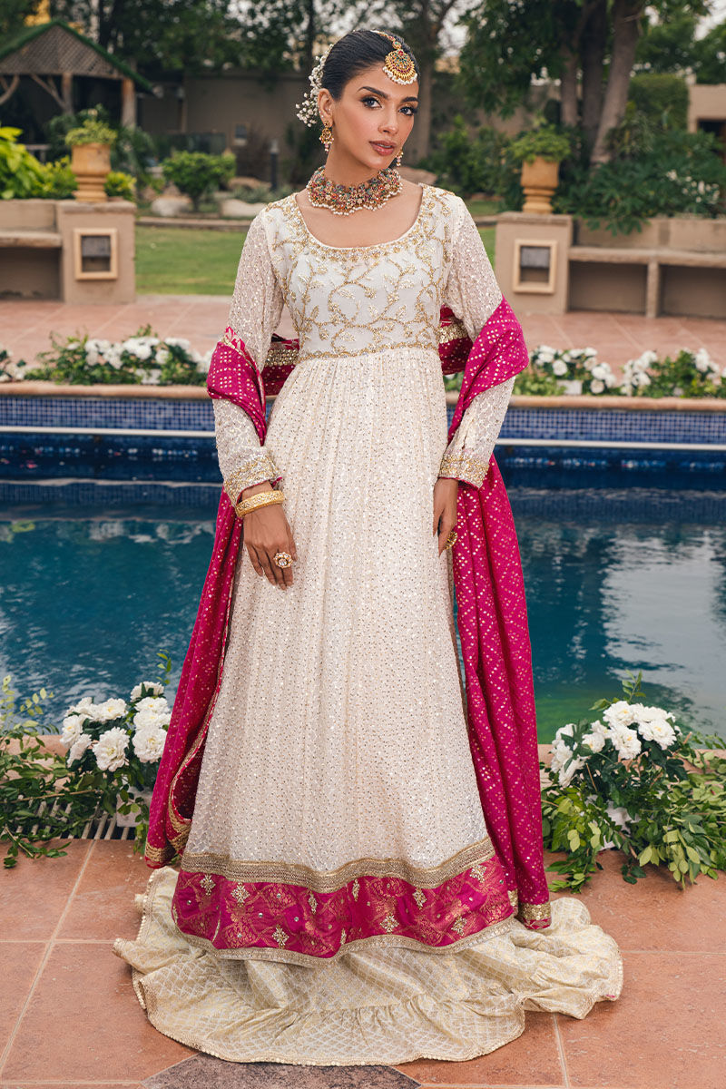 Ivory Gold Zardozi Resham Net Pishwas Dress (2-Piece) - Image 1