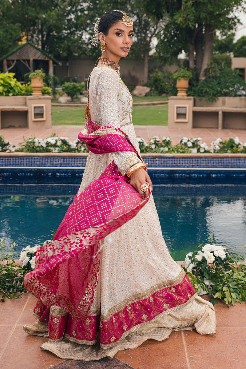 Ivory Gold Zardozi Resham Net Pishwas Dress (2-Piece) - Image 3