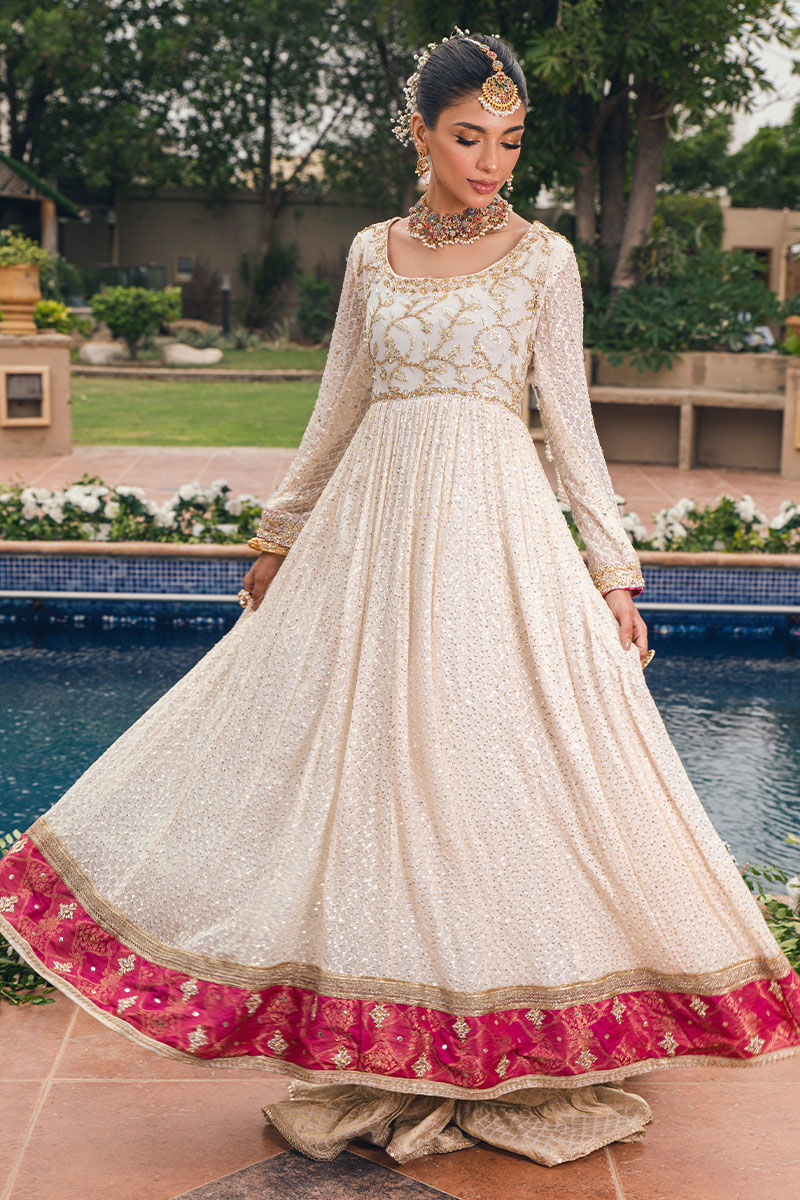 Ivory Gold Zardozi Resham Net Pishwas Dress (2-Piece) - Image 5