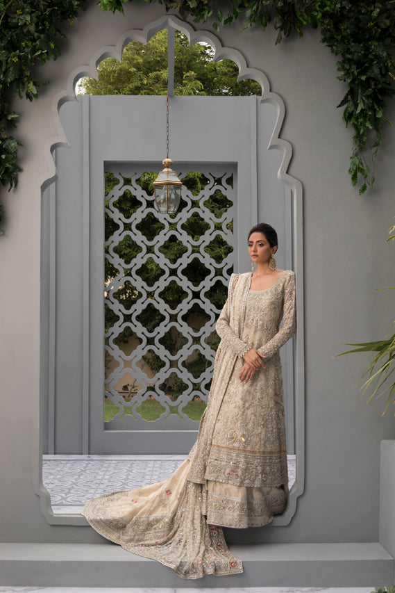 Pakistani Ivory Embroidered French Net Pishwas Dress (3-Piece) - Image 1