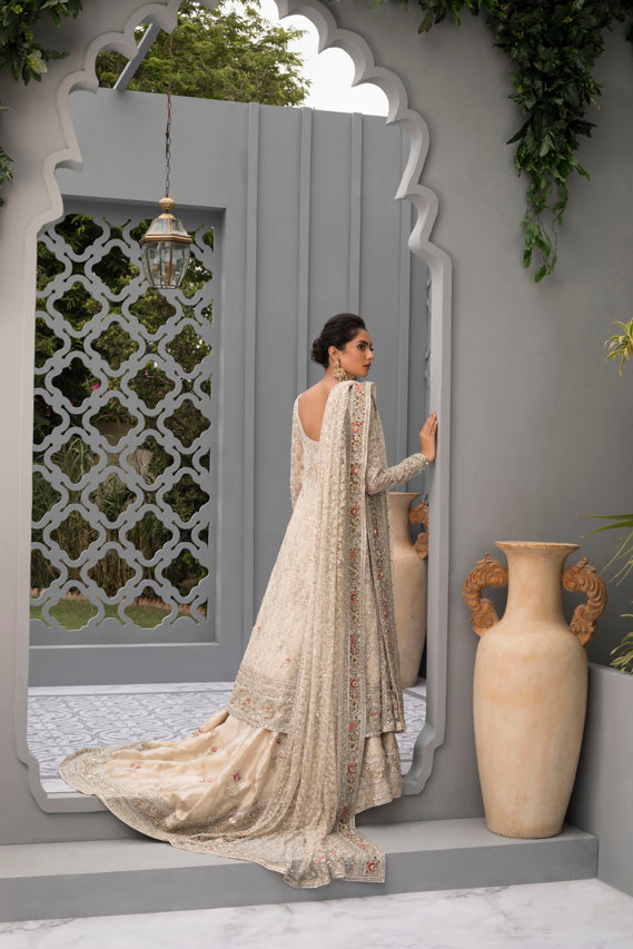 Pakistani Ivory Embroidered French Net Pishwas Dress (3-Piece) - Image 2