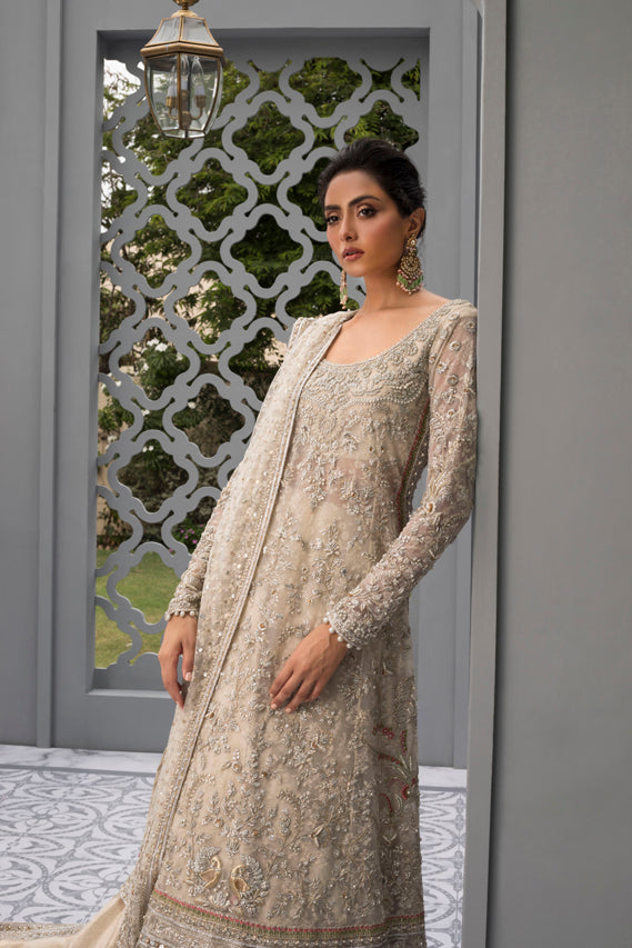 Pakistani Ivory Embroidered French Net Pishwas Dress (3-Piece) - Image 3