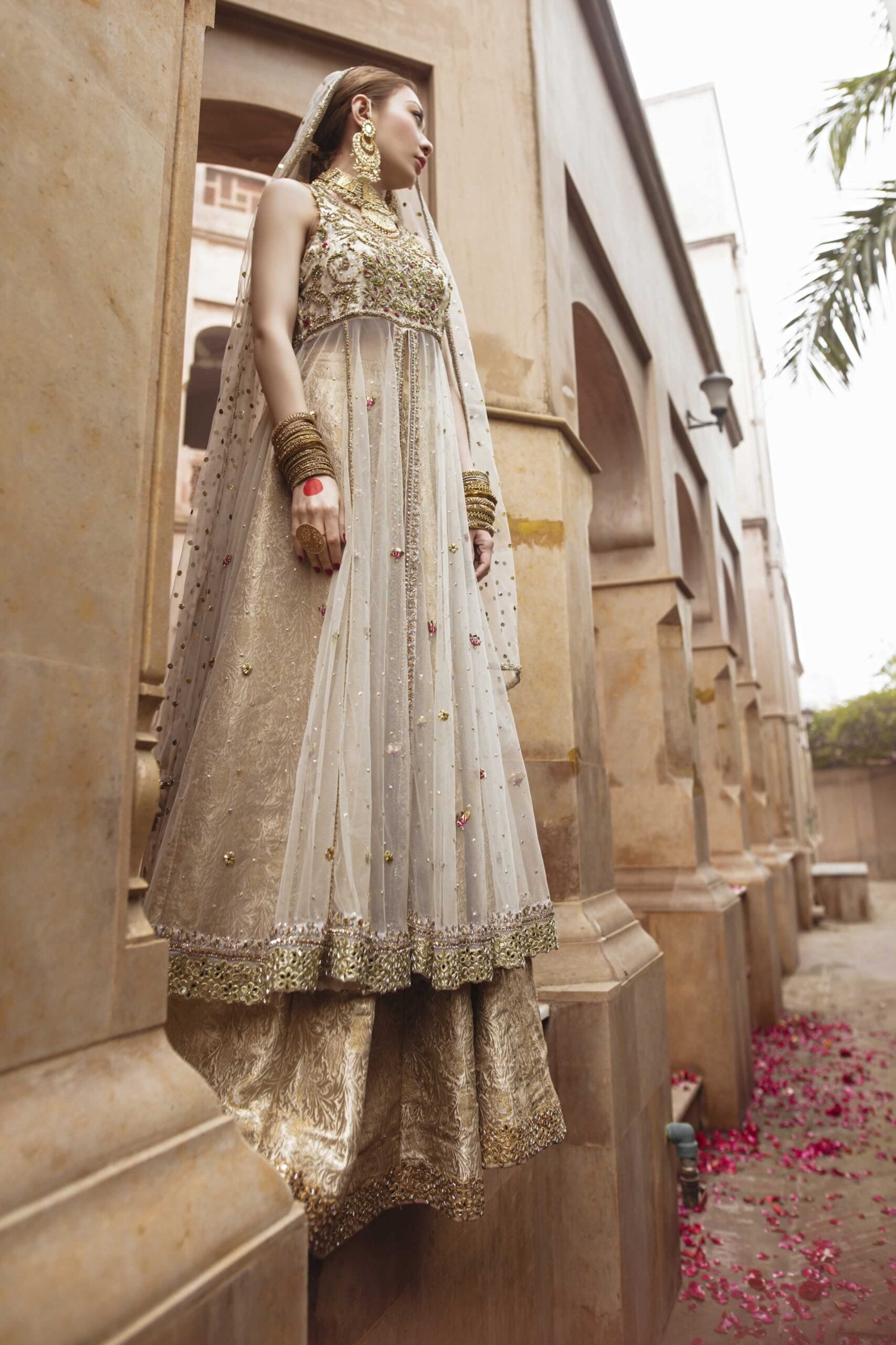 Pakistani Ivory Gold Embellished Net Pishwas Dress (3-Piece) - Image 10