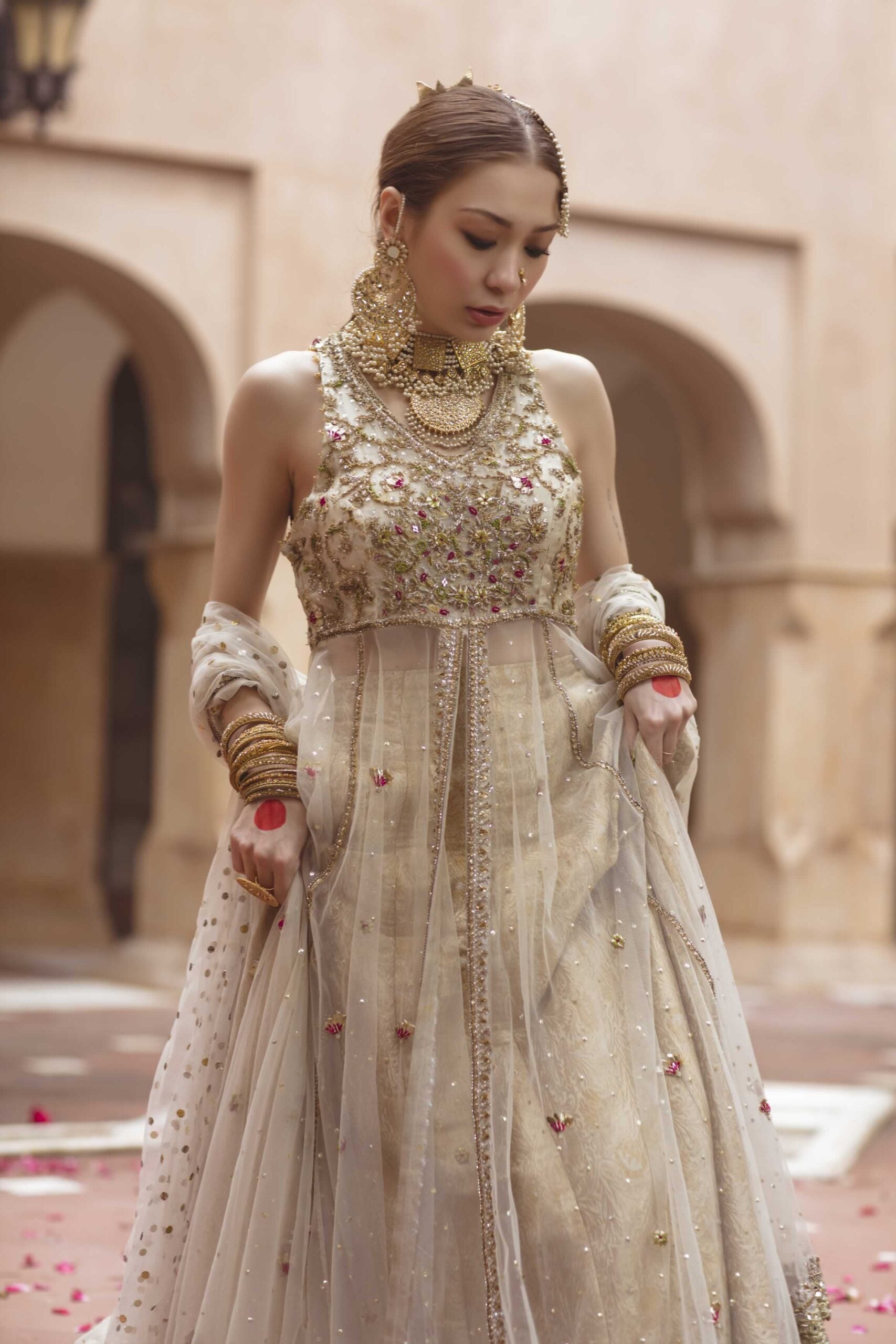 Pakistani Ivory Gold Embellished Net Pishwas Dress (3-Piece) - Image 2