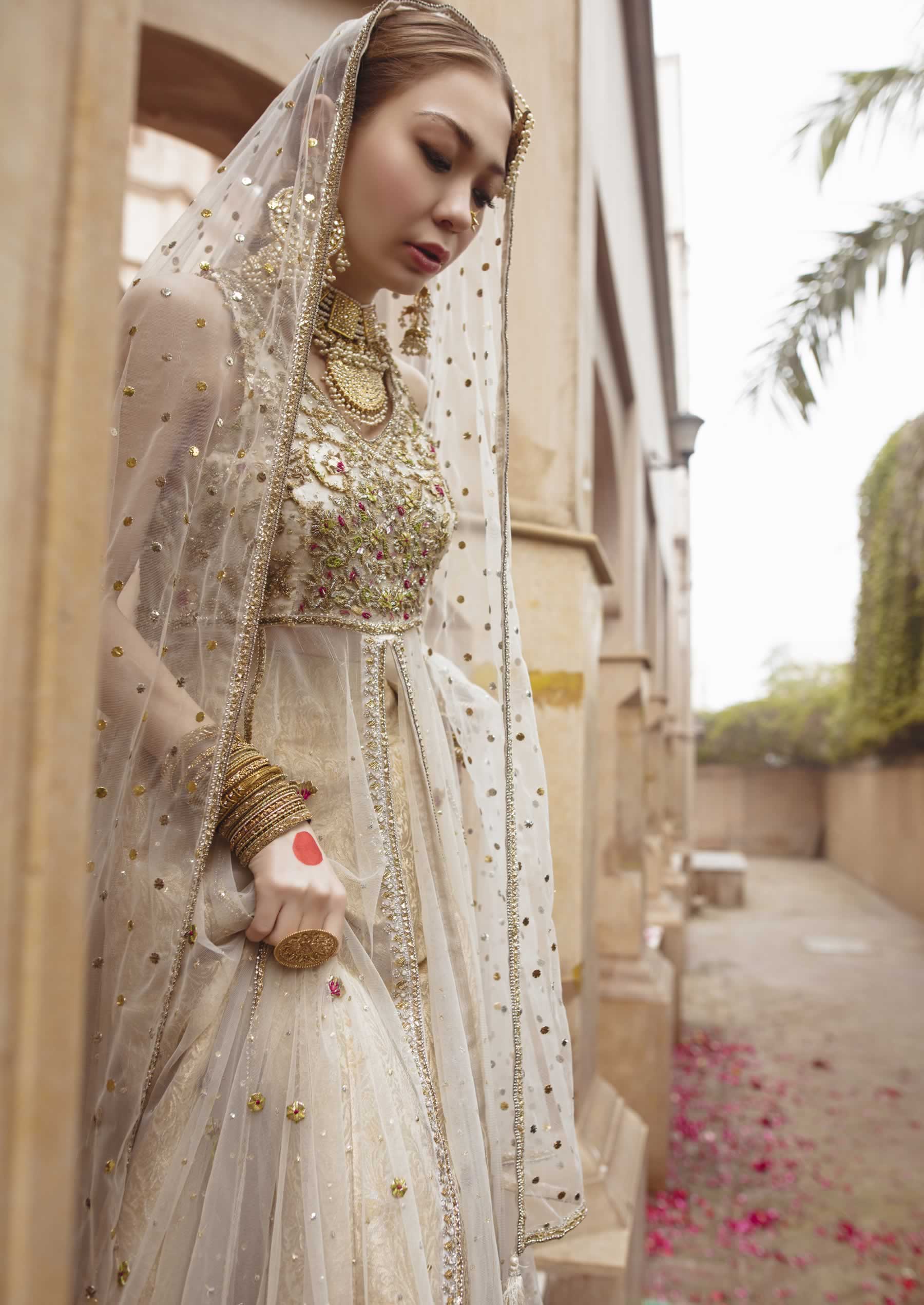 Pakistani Ivory Gold Embellished Net Pishwas Dress (3-Piece) - Image 3