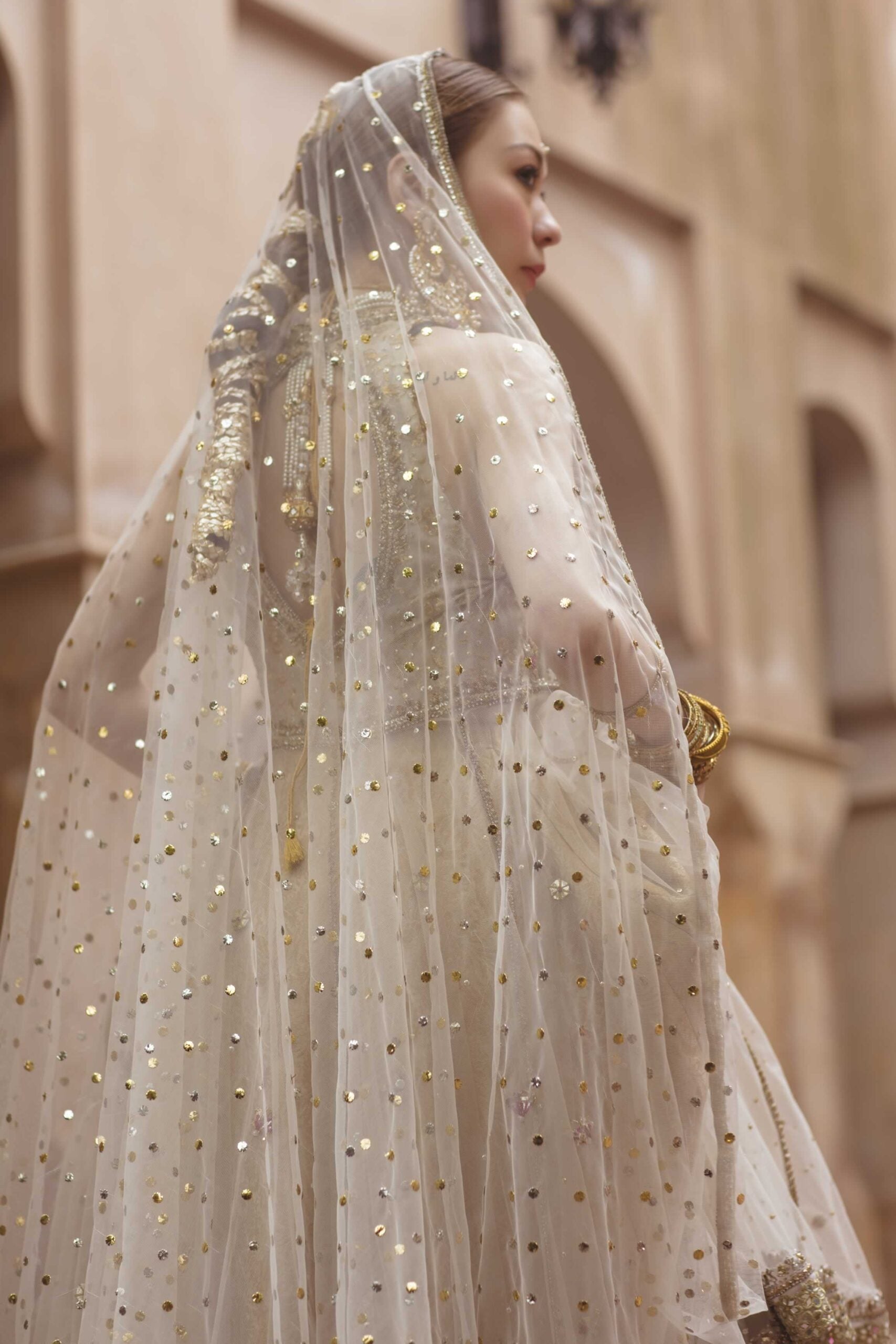 Pakistani Ivory Gold Embellished Net Pishwas Dress (3-Piece) - Image 5