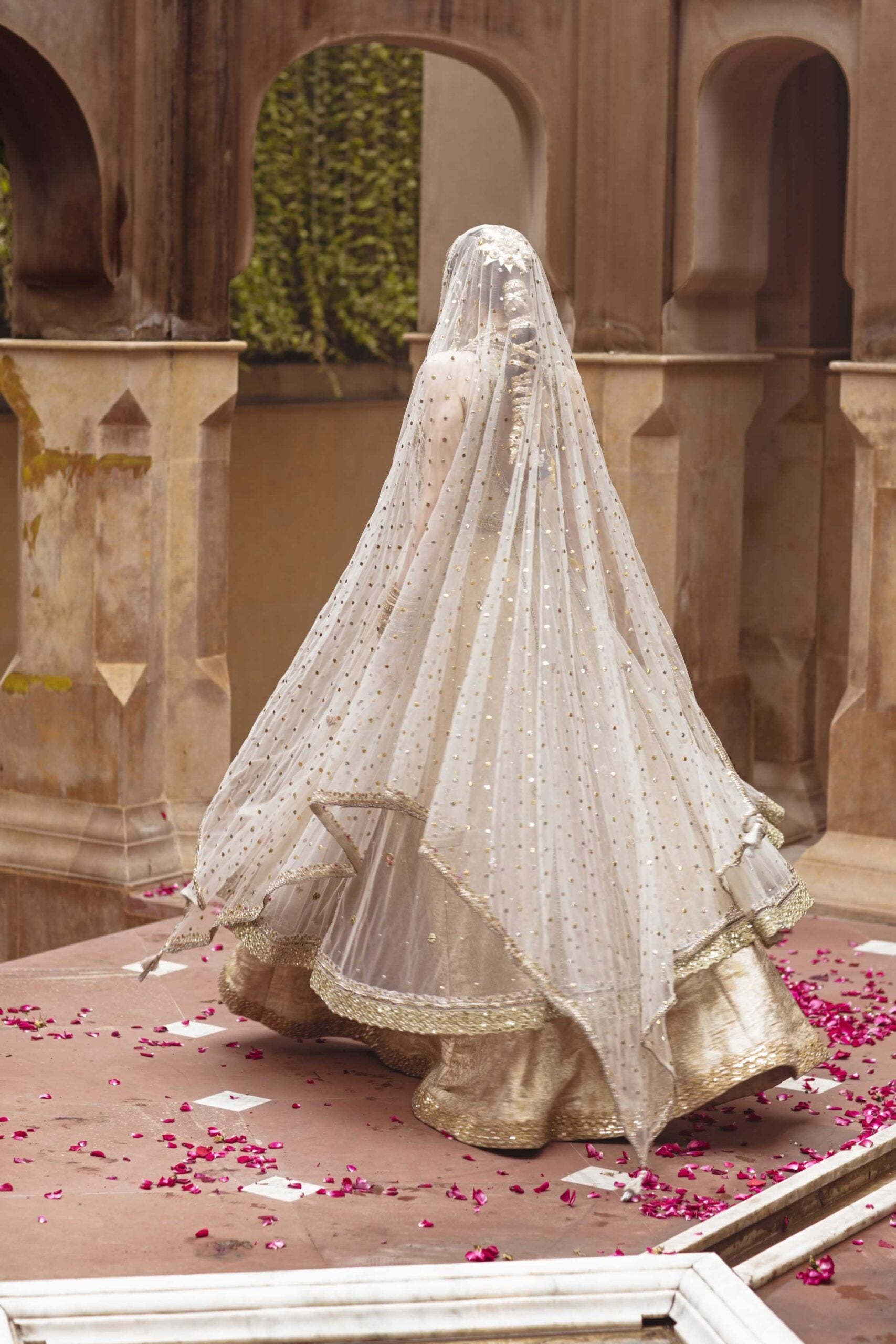 Pakistani Ivory Gold Embellished Net Pishwas Dress (3-Piece) - Image 6