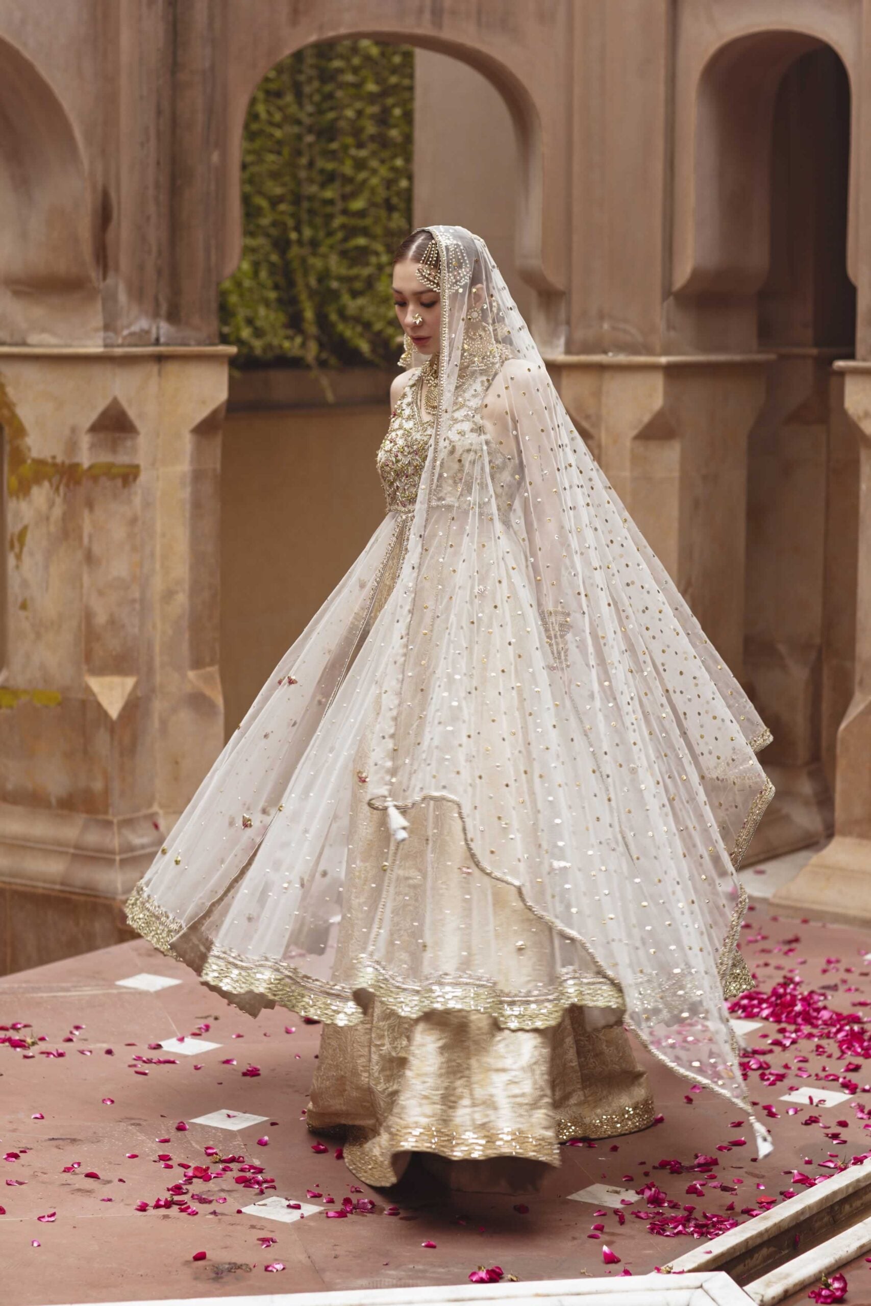 Pakistani Ivory Gold Embellished Net Pishwas Dress (3-Piece) - Image 7