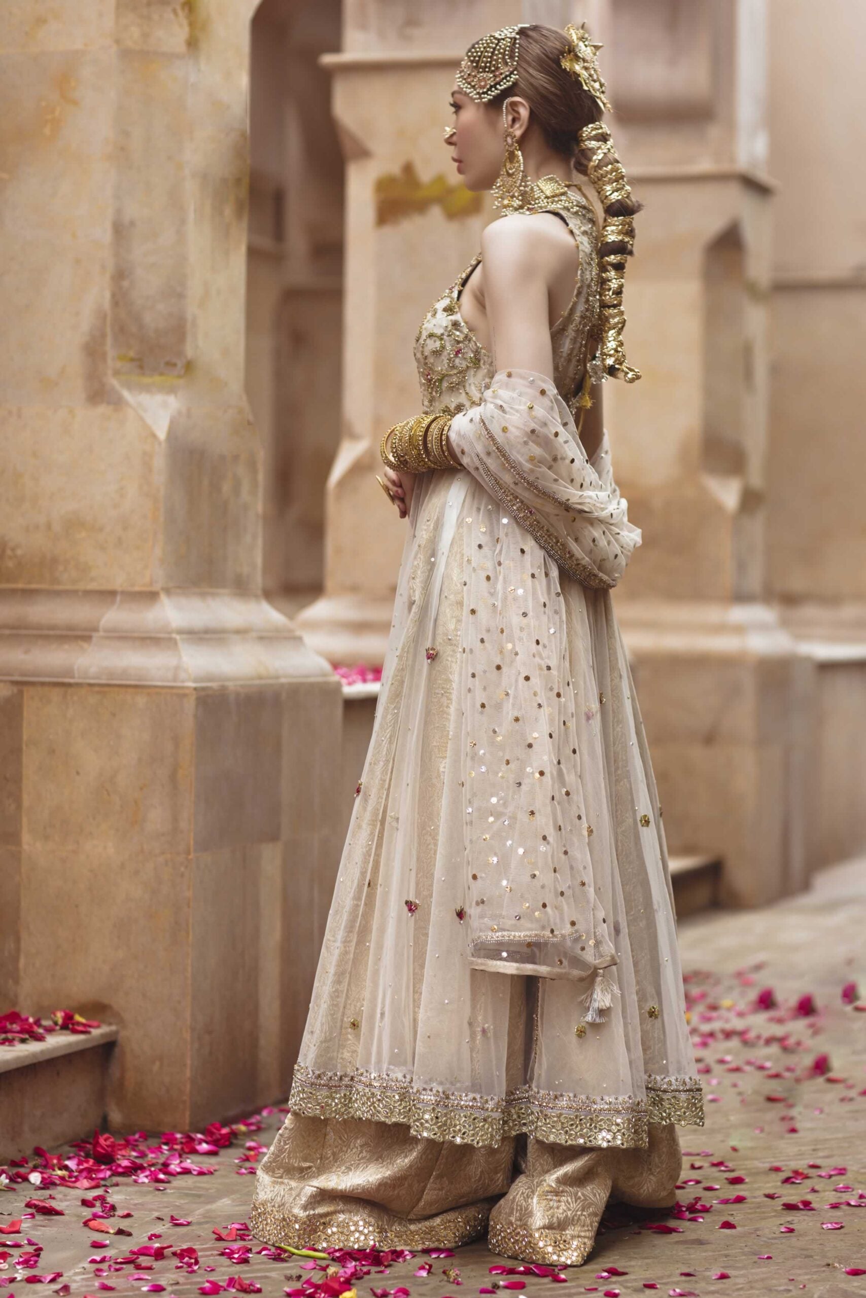 Pakistani Ivory Gold Embellished Net Pishwas Dress (3-Piece) - Image 8