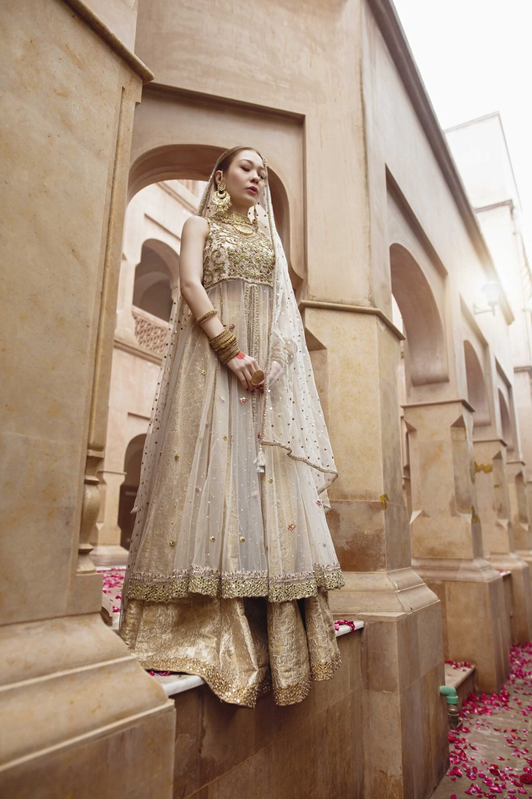 Pakistani Ivory Gold Embellished Net Pishwas Dress (3-Piece) - Image 9