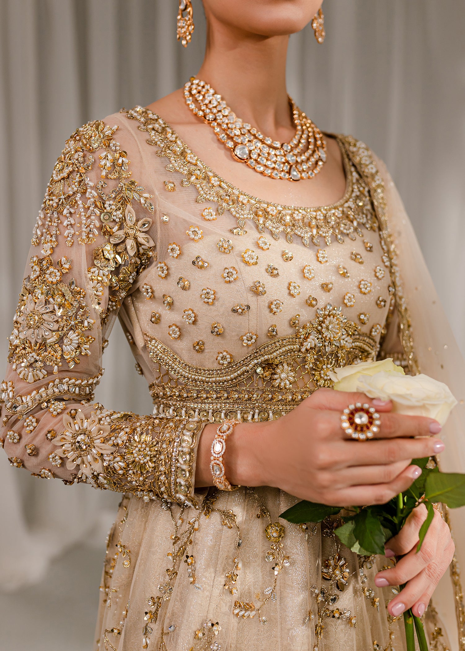 Pakistani Ivory Zardozi Net & Jamawar Pishwas (3-Piece) - Image 13