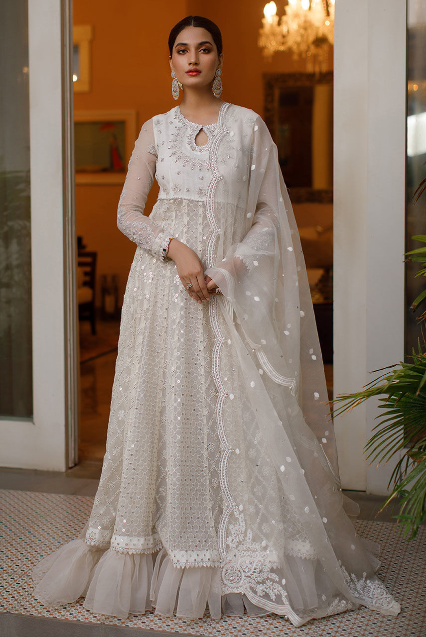 Ivory Zardozi Khaadi Net Pishwas Dress (3-Piece) - Image 1