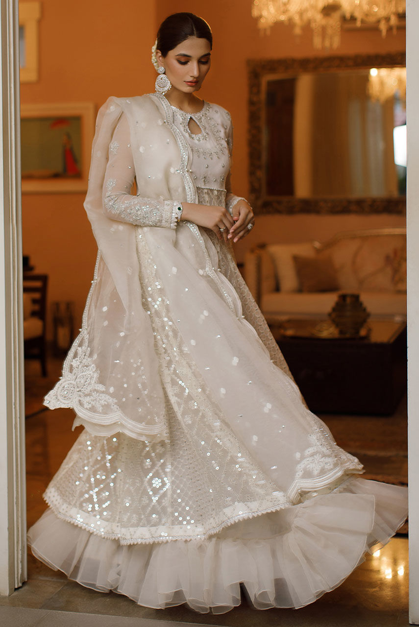 Ivory Zardozi Khaadi Net Pishwas Dress (3-Piece) - Image 4