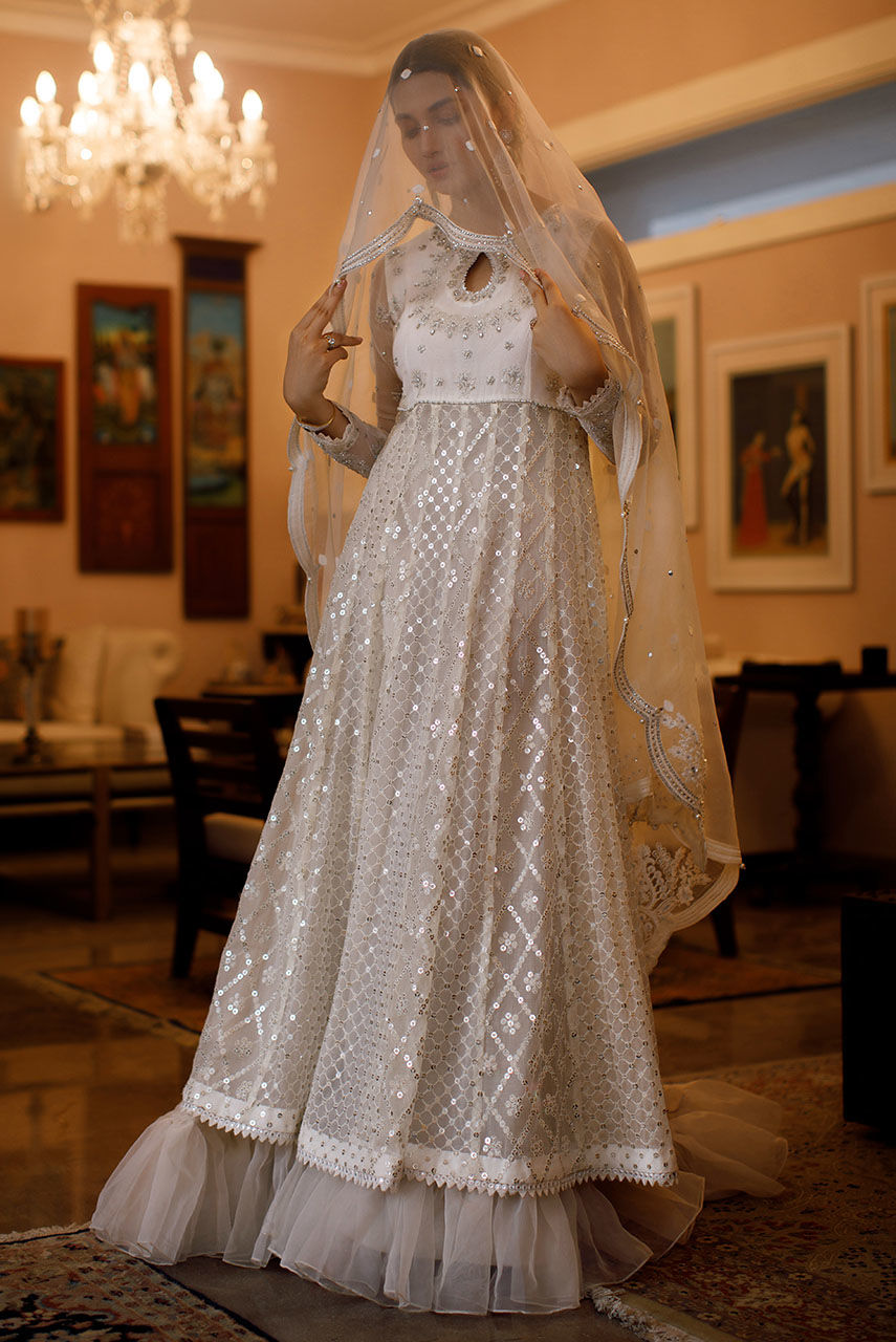 Ivory Zardozi Khaadi Net Pishwas Dress (3-Piece) - Image 5