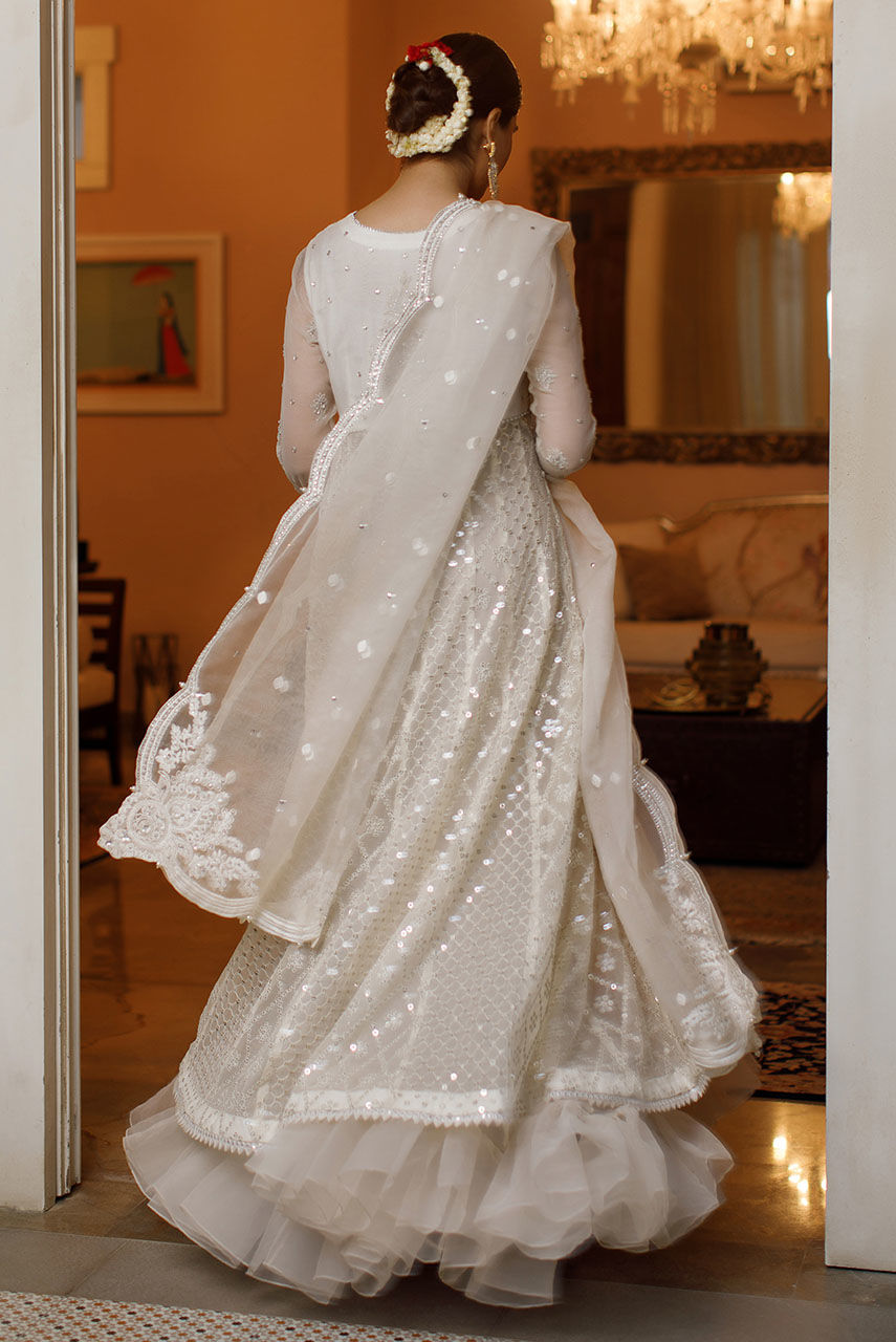 Ivory Zardozi Khaadi Net Pishwas Dress (3-Piece) - Image 7