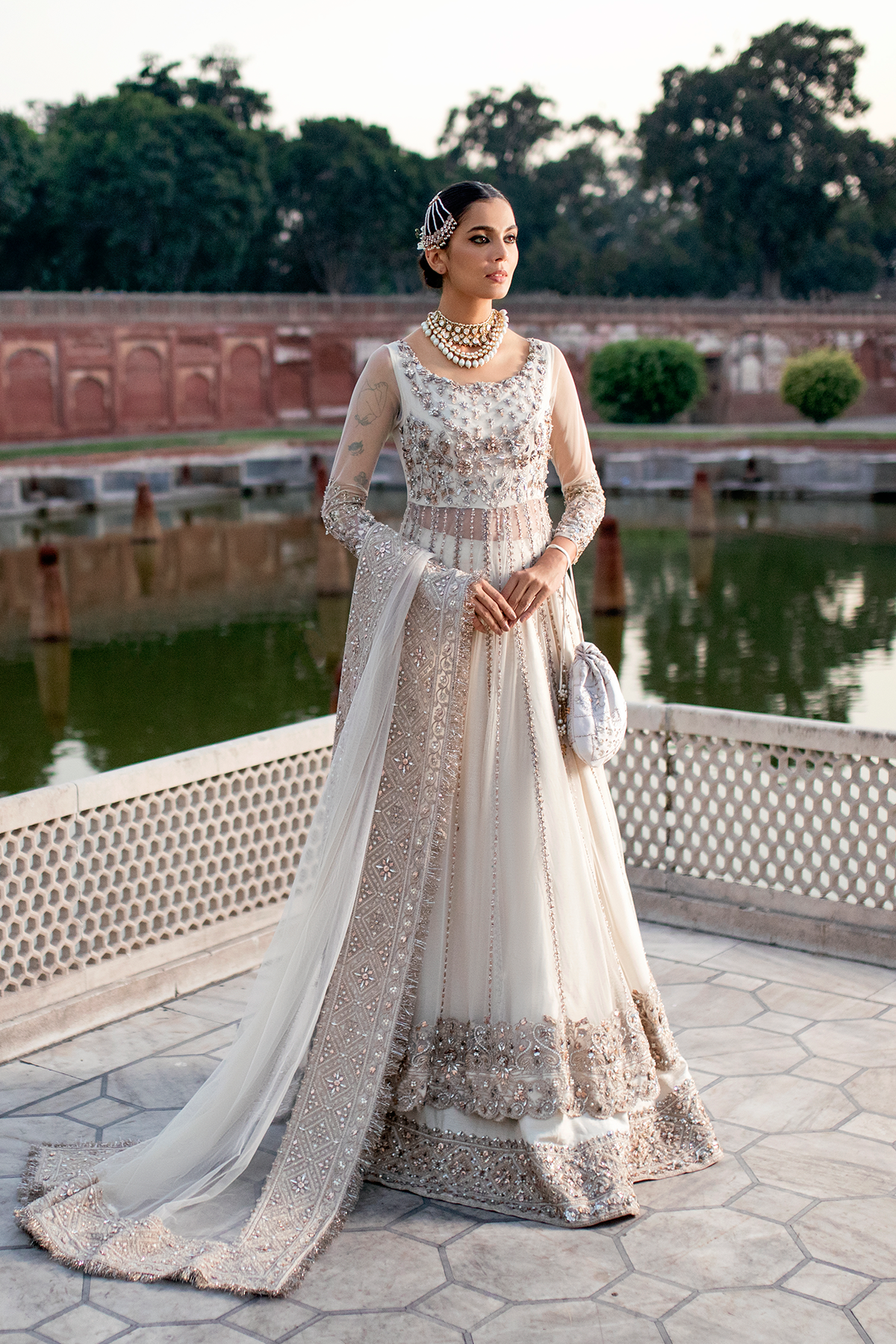 Pakistani Off-White Embroidered Net Pishwas Dress (3-Piece) - Image 1