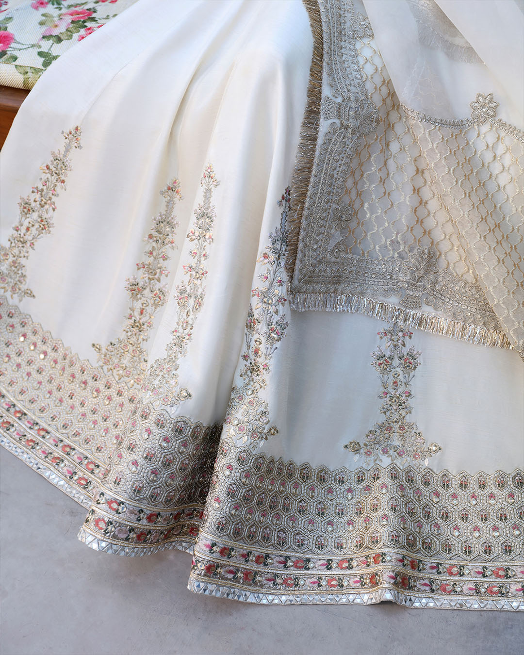 Off-White Embroidered Korean Raw Silk Pishwas (3-Piece) - Image 5