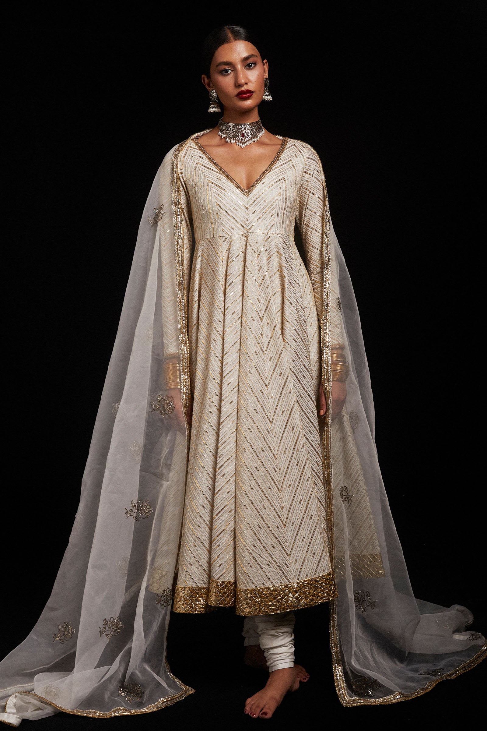 Pakistani Ivory Sequined Tilla Korean Silk Pishwas (3-Piece) - Image 1