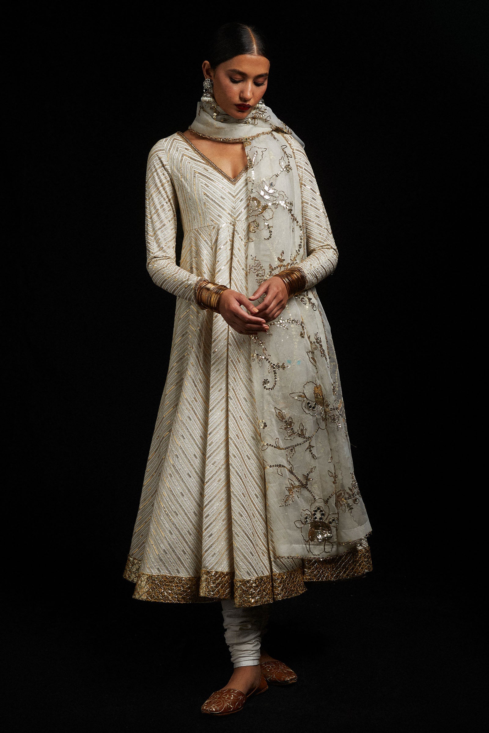 Pakistani Ivory Sequined Tilla Korean Silk Pishwas (3-Piece) - Image 2