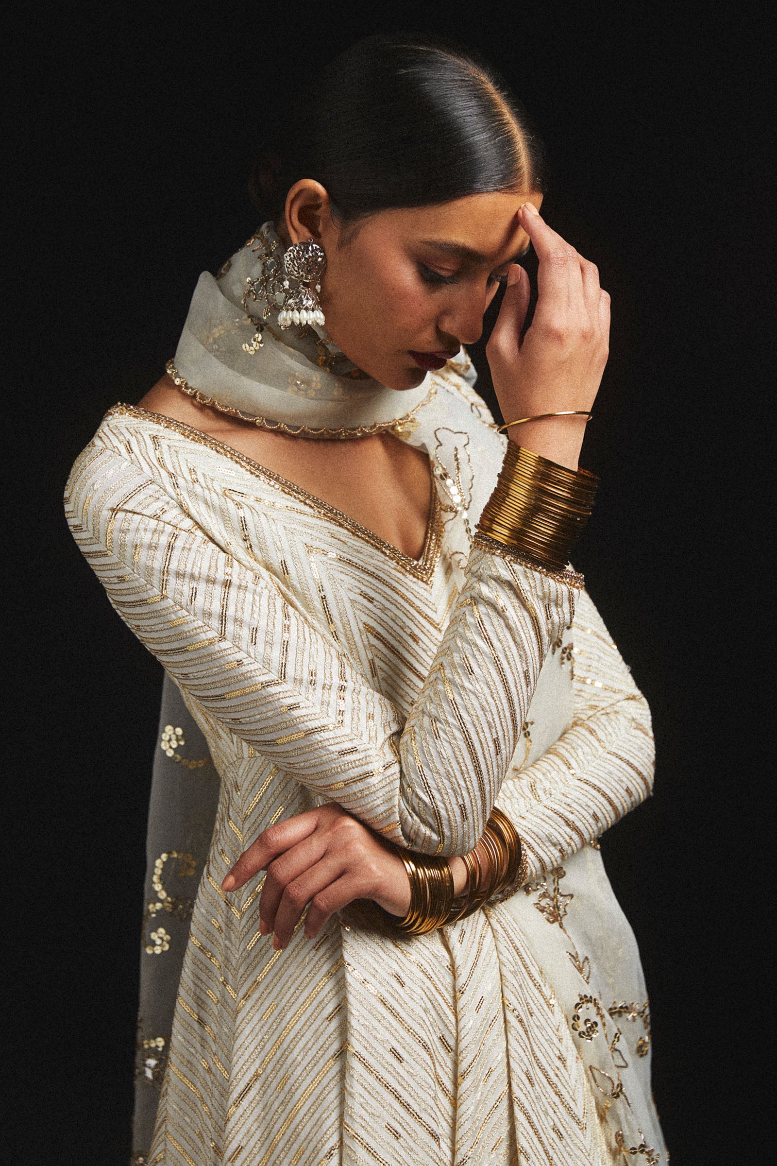 Pakistani Ivory Sequined Tilla Korean Silk Pishwas (3-Piece) - Image 3