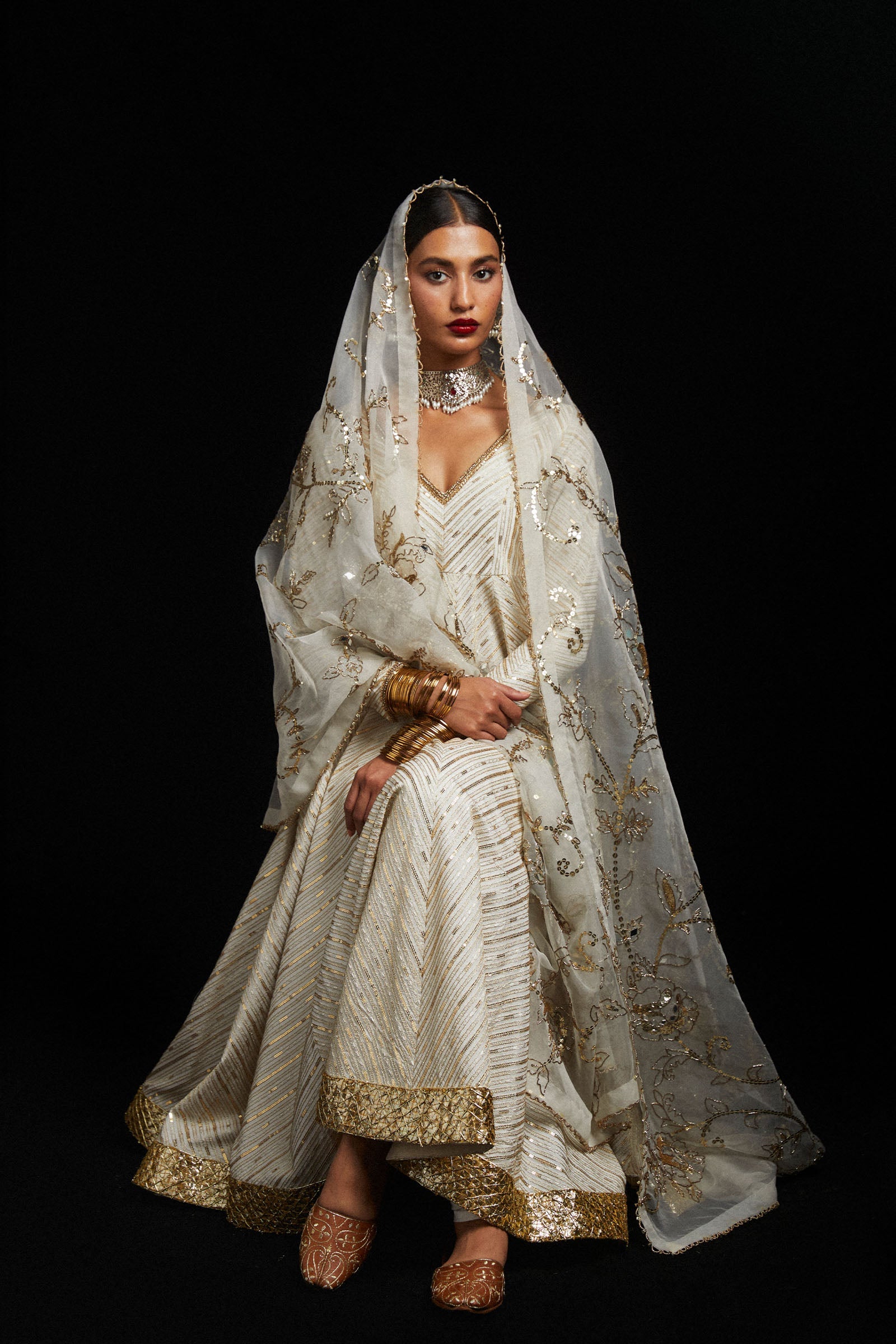 Pakistani Ivory Sequined Tilla Korean Silk Pishwas (3-Piece) - Image 4