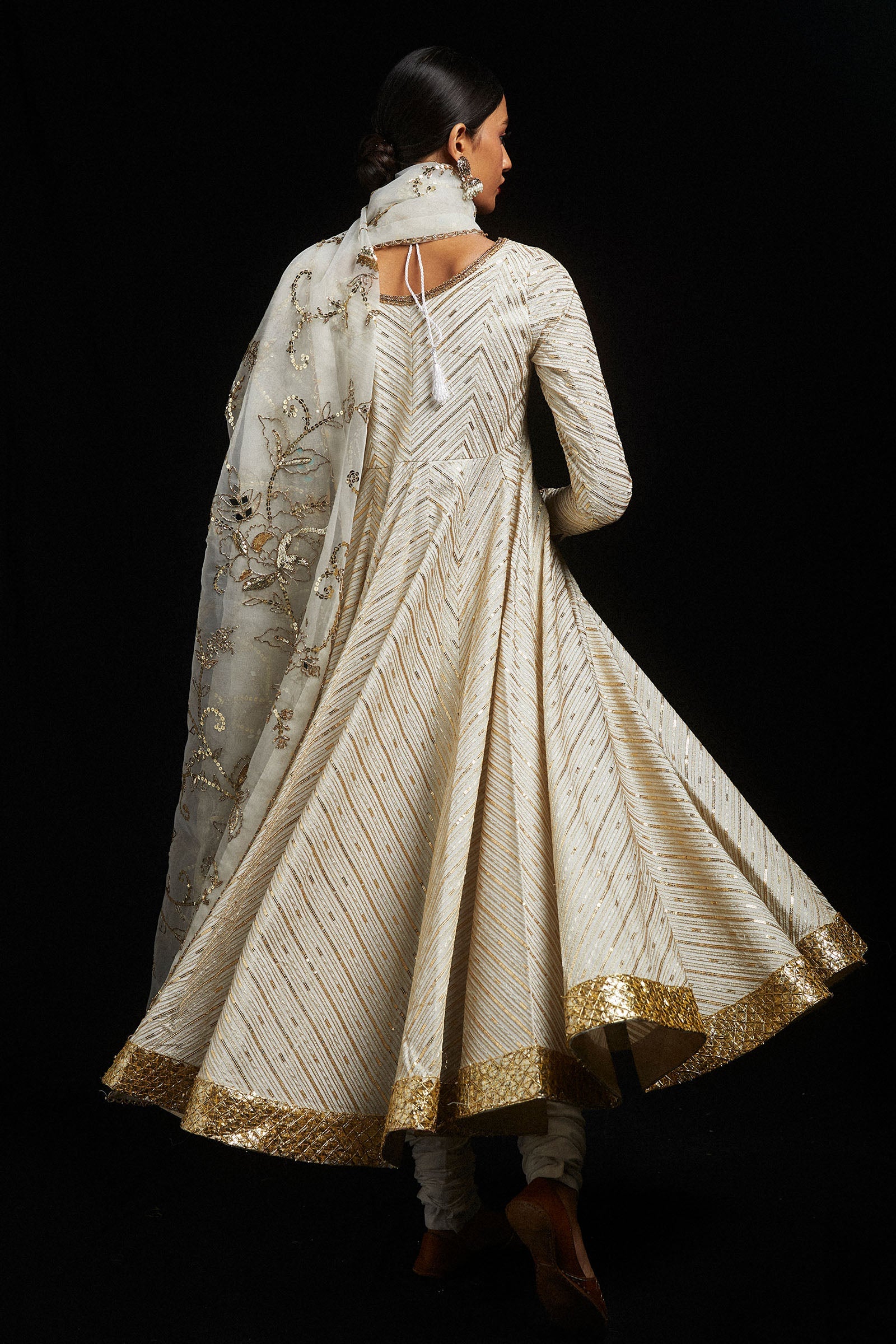 Pakistani Ivory Sequined Tilla Korean Silk Pishwas (3-Piece) - Image 6