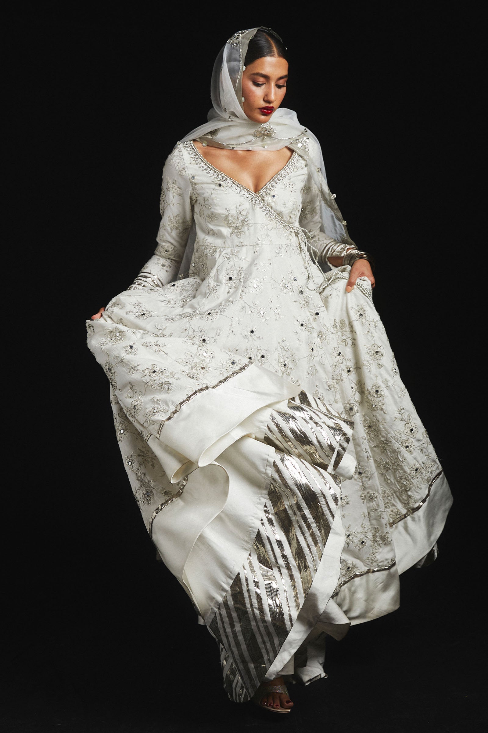 Pakistani Ivory Zardozi Korean Silk Pishwas Dress (3-Piece) - Image 1