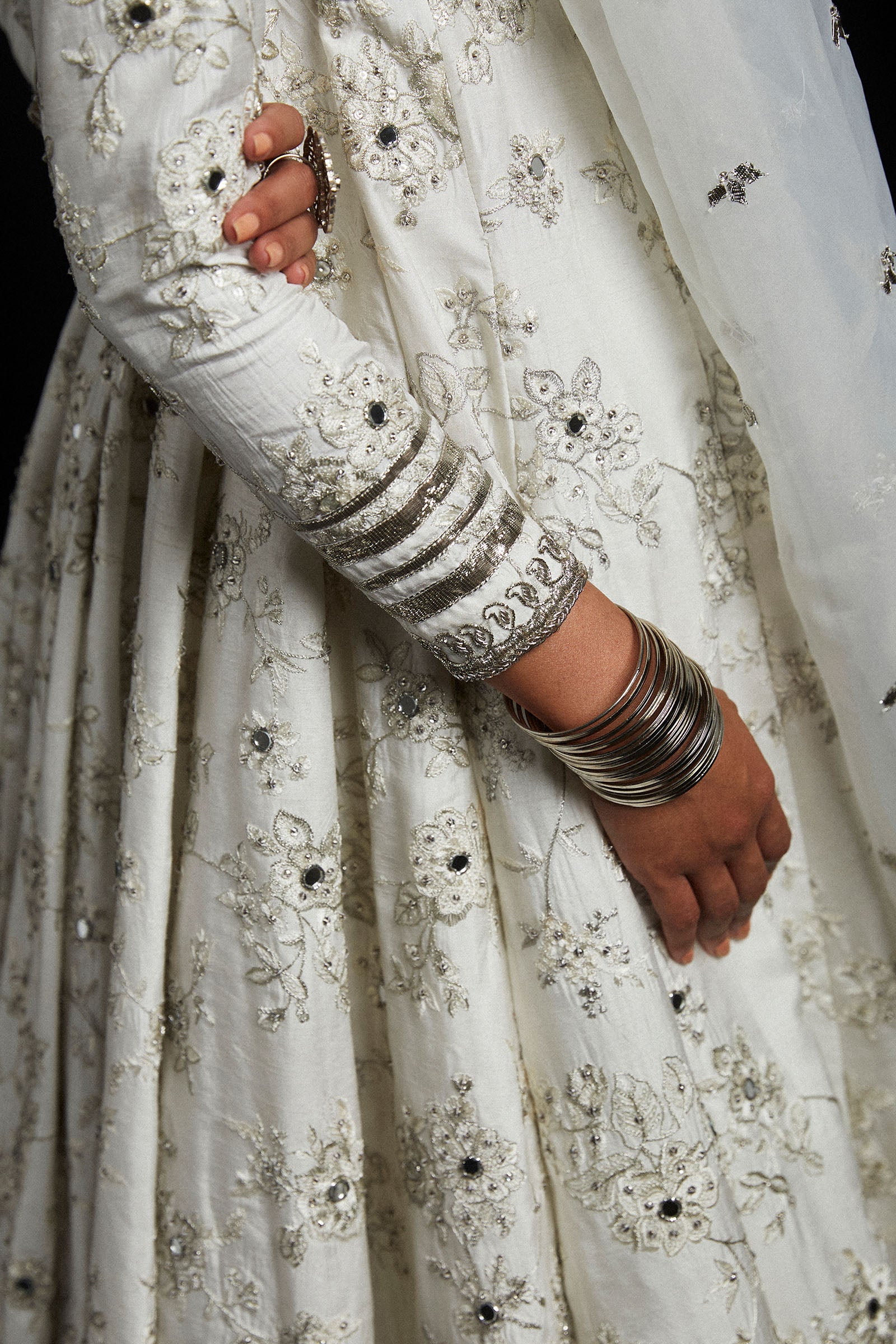 Pakistani Ivory Zardozi Korean Silk Pishwas Dress (3-Piece) - Image 3