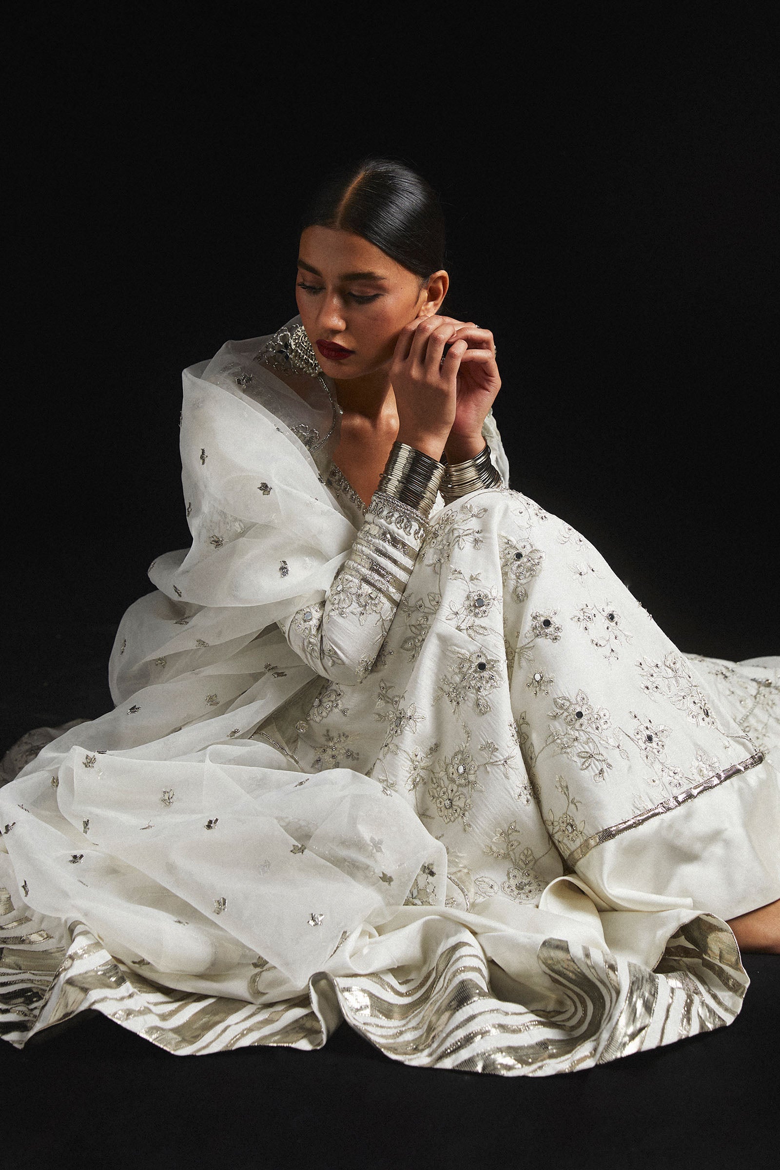 Pakistani Ivory Zardozi Korean Silk Pishwas Dress (3-Piece) - Image 5