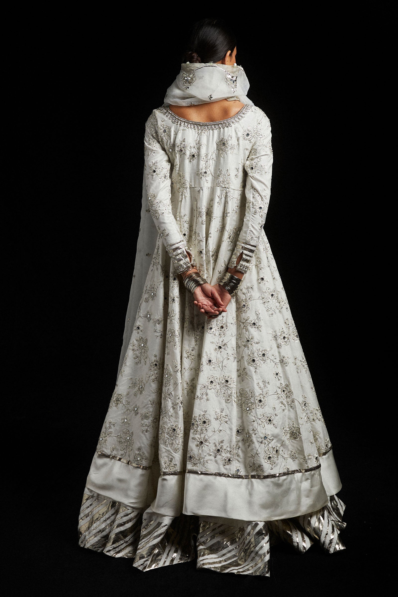 Pakistani Ivory Zardozi Korean Silk Pishwas Dress (3-Piece) - Image 6