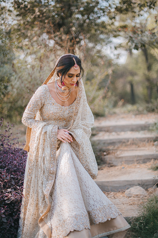 Ivory Embroidered Lace Pishwas Dress (3-Piece) - Image 6