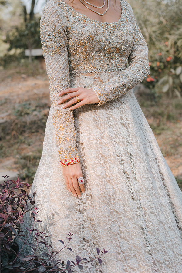 Ivory Embroidered Lace Pishwas Dress (3-Piece) - Image 7