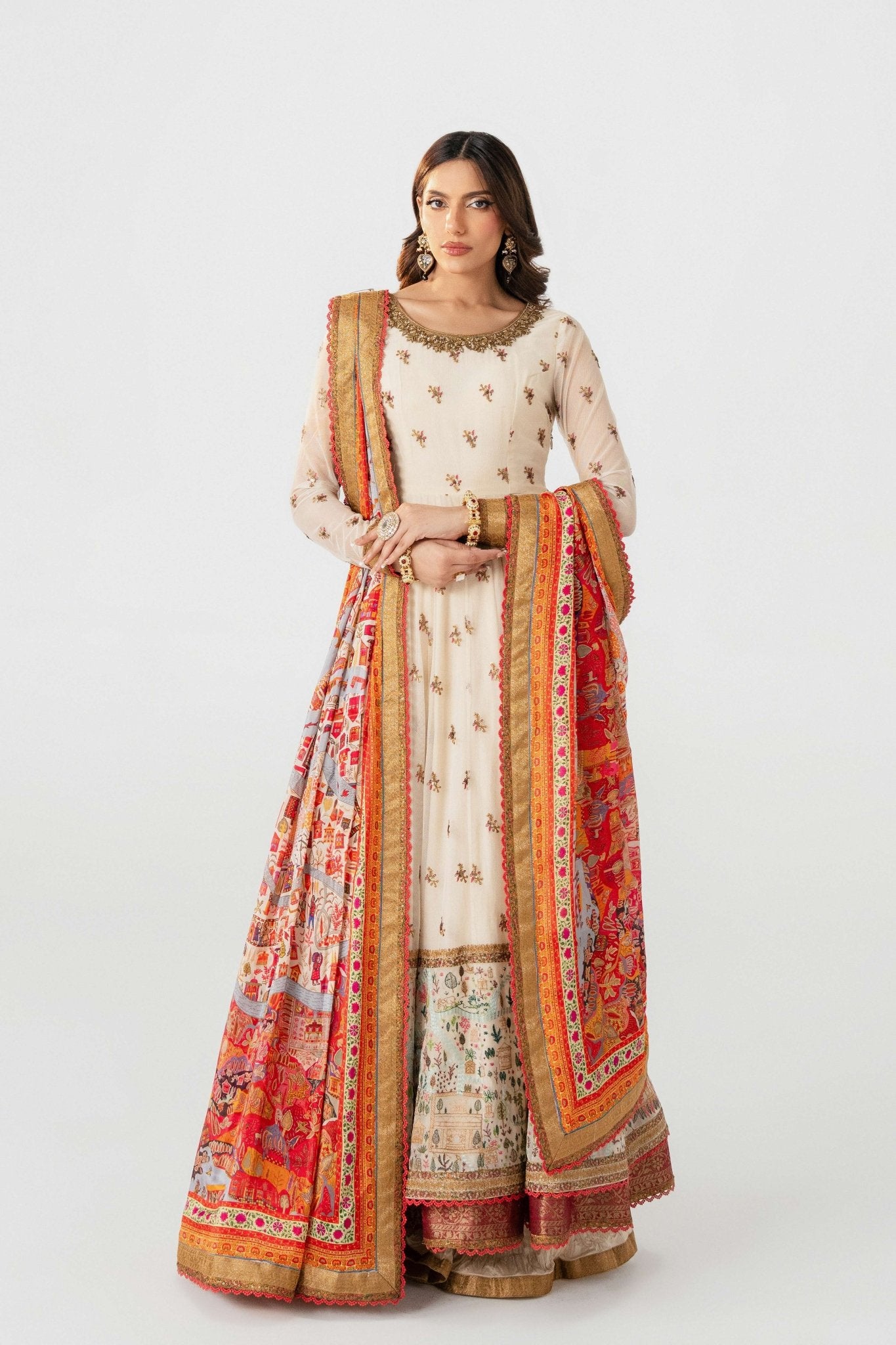 Pakistani Ivory Embroidered Lawn Pishwas Dress (3-Piece) - Image 2