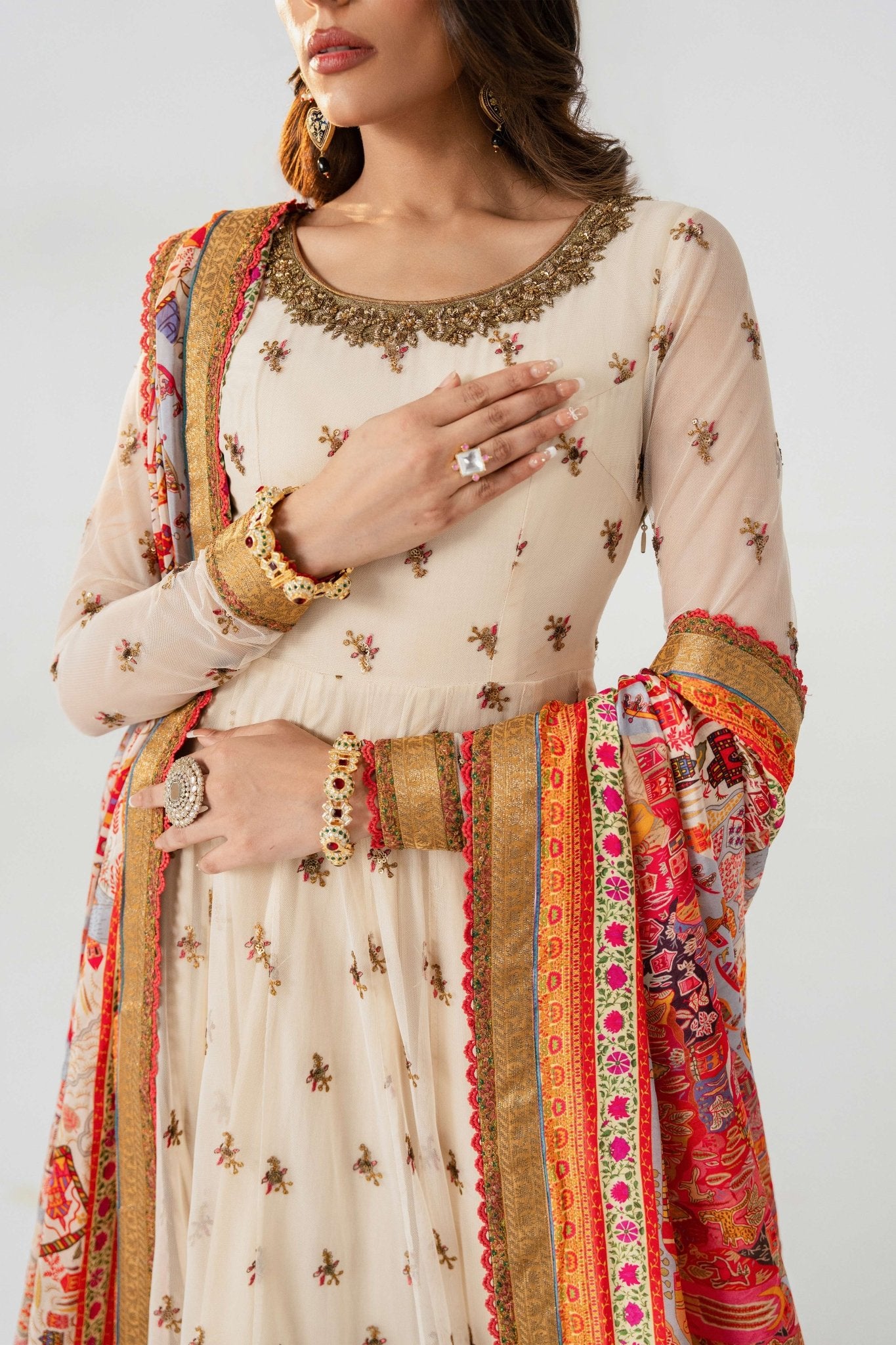 Pakistani Ivory Embroidered Lawn Pishwas Dress (3-Piece) - Image 3