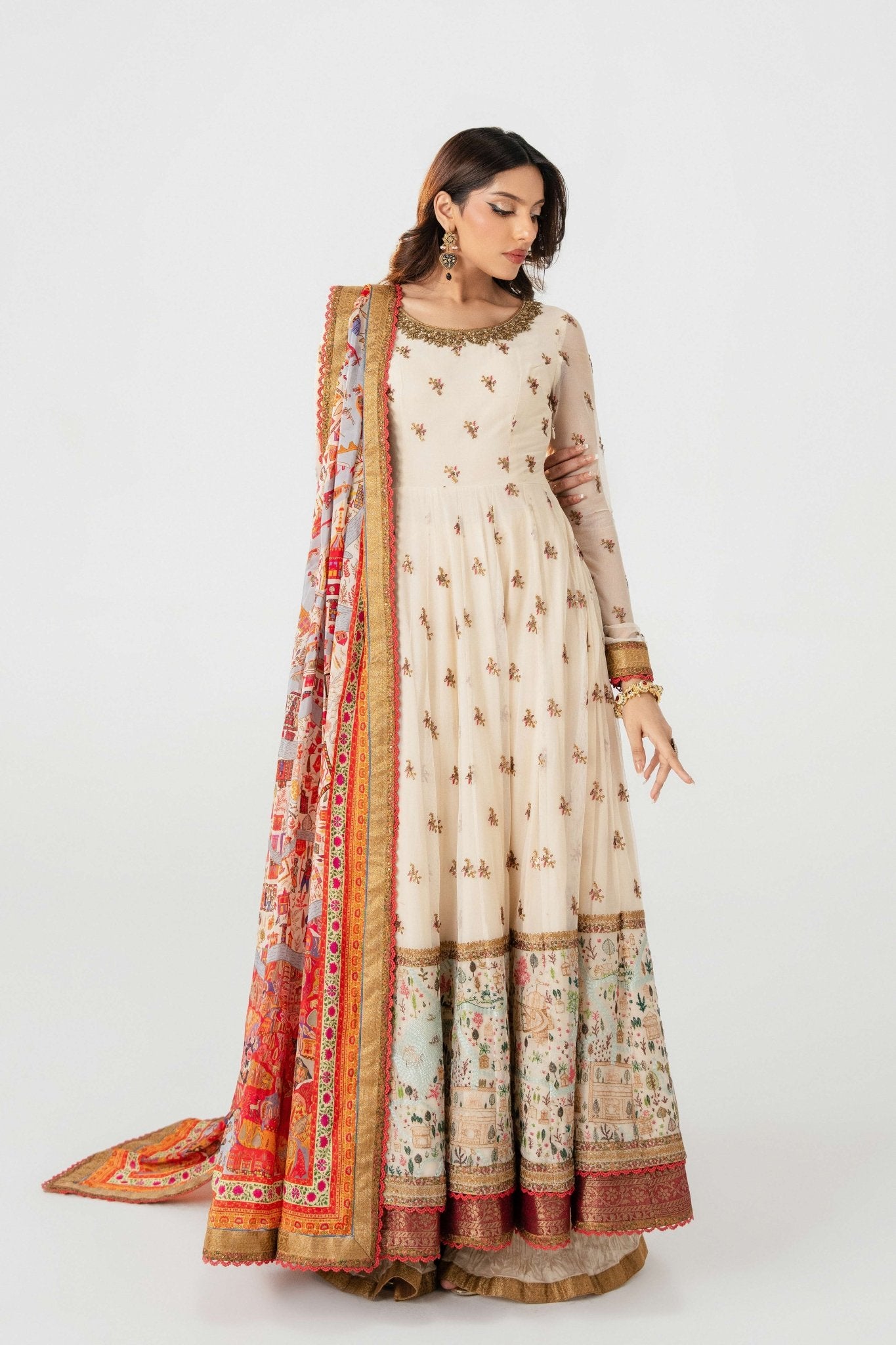 Pakistani Ivory Embroidered Lawn Pishwas Dress (3-Piece) - Image 4