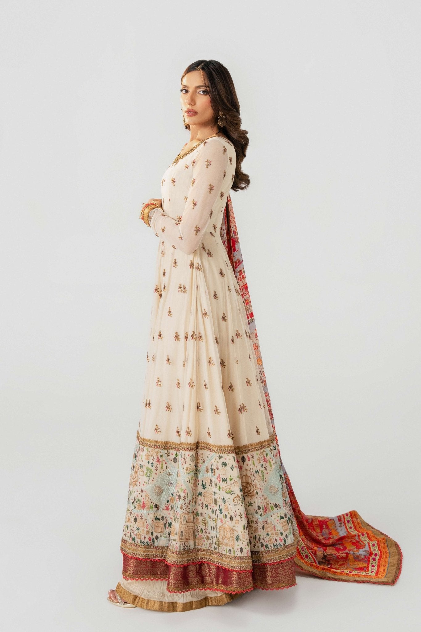 Pakistani Ivory Embroidered Lawn Pishwas Dress (3-Piece) - Image 5