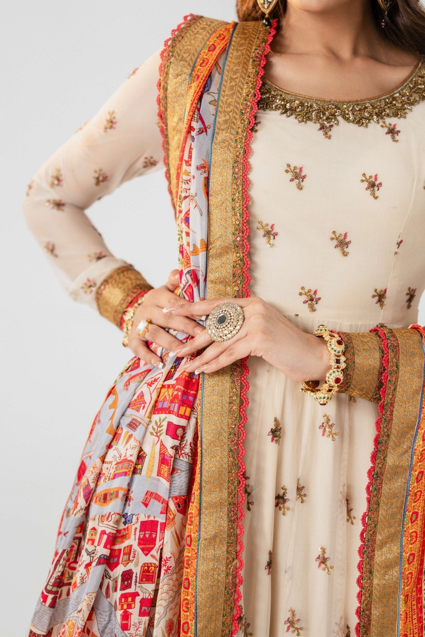 Pakistani Ivory Embroidered Lawn Pishwas Dress (3-Piece) - Image 6