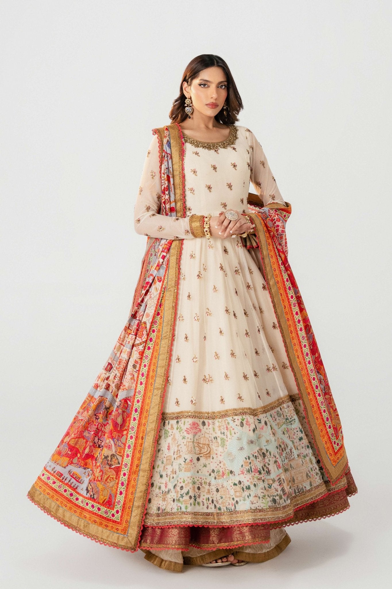 Pakistani Ivory Embroidered Lawn Pishwas Dress (3-Piece) - Image 7