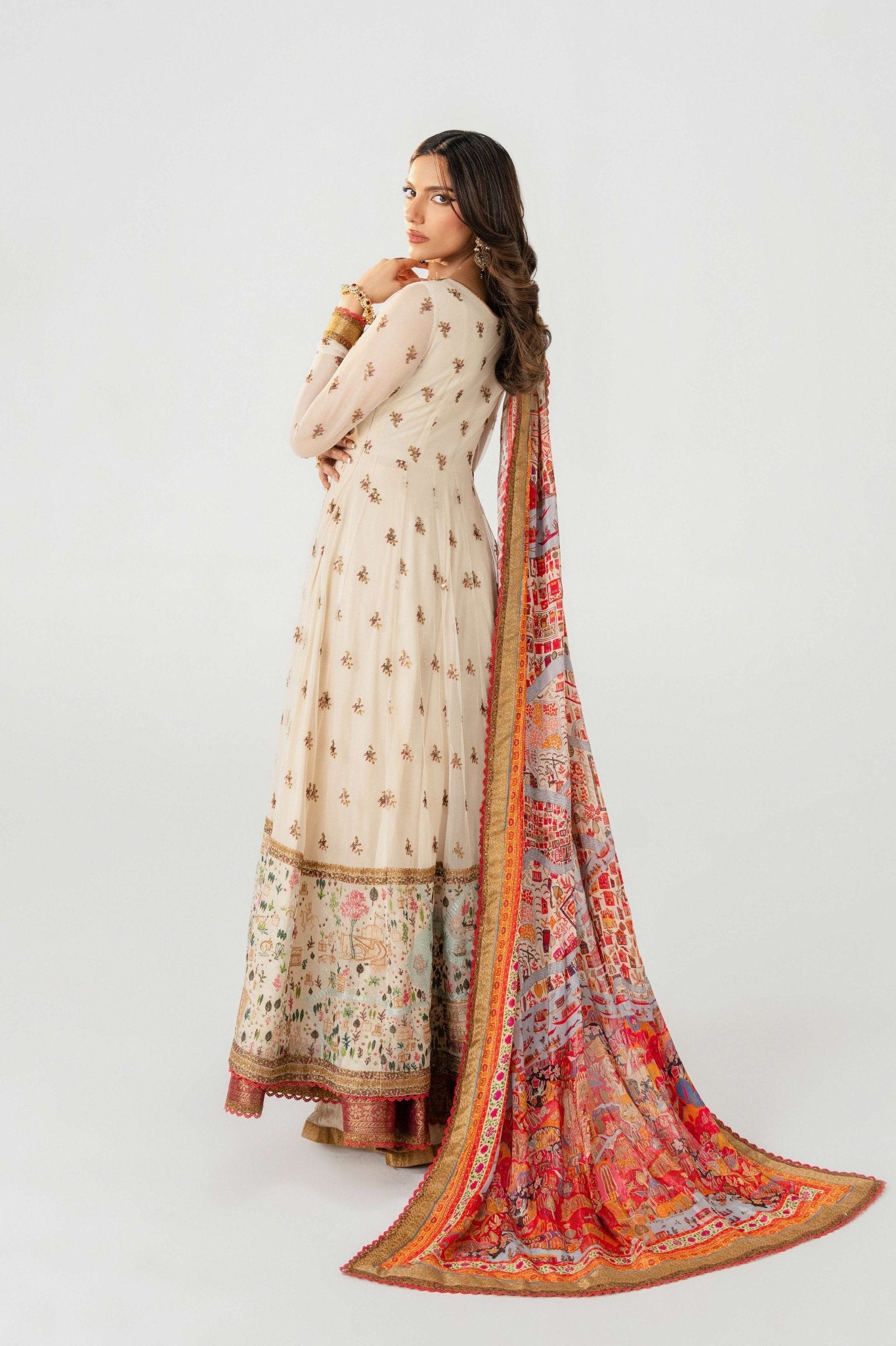 Pakistani Ivory Embroidered Lawn Pishwas Dress (3-Piece) - Image 8